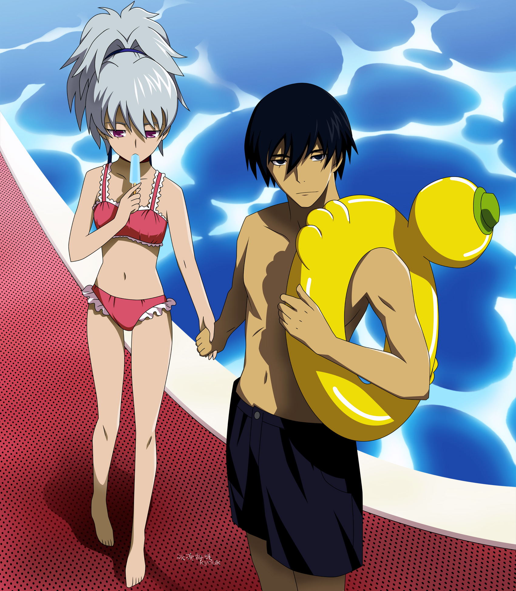 kura kyoo, hei (darker than black), yin (darker than black), darker than black, highres, official art, 00s, 1boy, 1girl, barefoot, bikini, black eyes, black hair, blue male swimwear, blue swim trunks, breasts, eating, food, frilled bikini, frills, grey hair, hair between eyes, hair intakes, hat, hetero, high ponytail, holding, holding hands, innertube, light smile, long legs, looking at viewer, looking down, male swimwear, navel, pigeon-toed, ponytail, pool, poolside, popsicle, purple eyes, red bikini, rubber duck, shadow, short hair, signature, small breasts, smile, standing, swim ring, swim trunks, swimsuit, tankini, topless male, walking, water