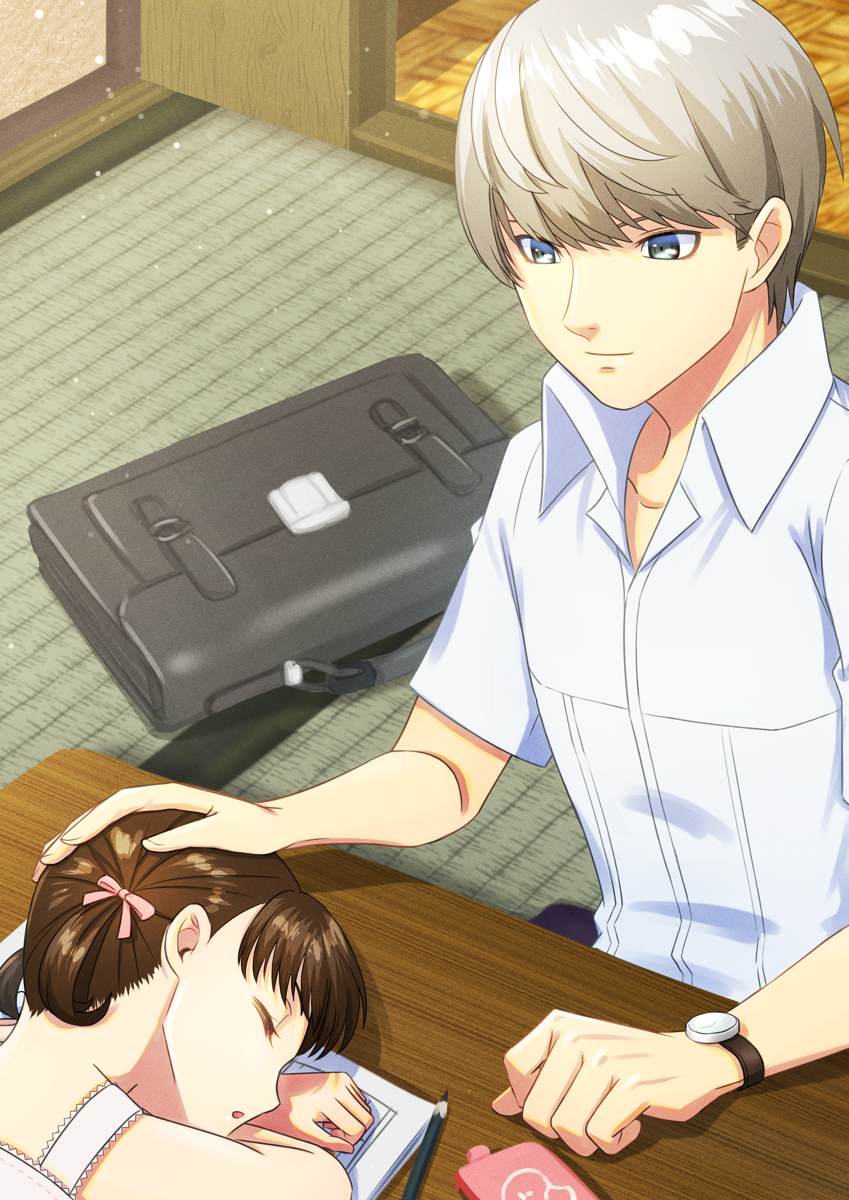 citronhsp, doujima nanako, hanamura yousuke, persona, persona 4, absurdres, highres, 1boy, 1girl, age difference, brown hair, cellphone, closed eyes, closed mouth, collarbone, collared shirt, cousins, dress shirt, grey eyes, grey hair, indoors, looking at another, phone, school uniform, shirt, short hair, short sleeves, short twintails, sleeping, smartphone, smile, tatami, twintails, watch, white shirt, wing collar, wristwatch