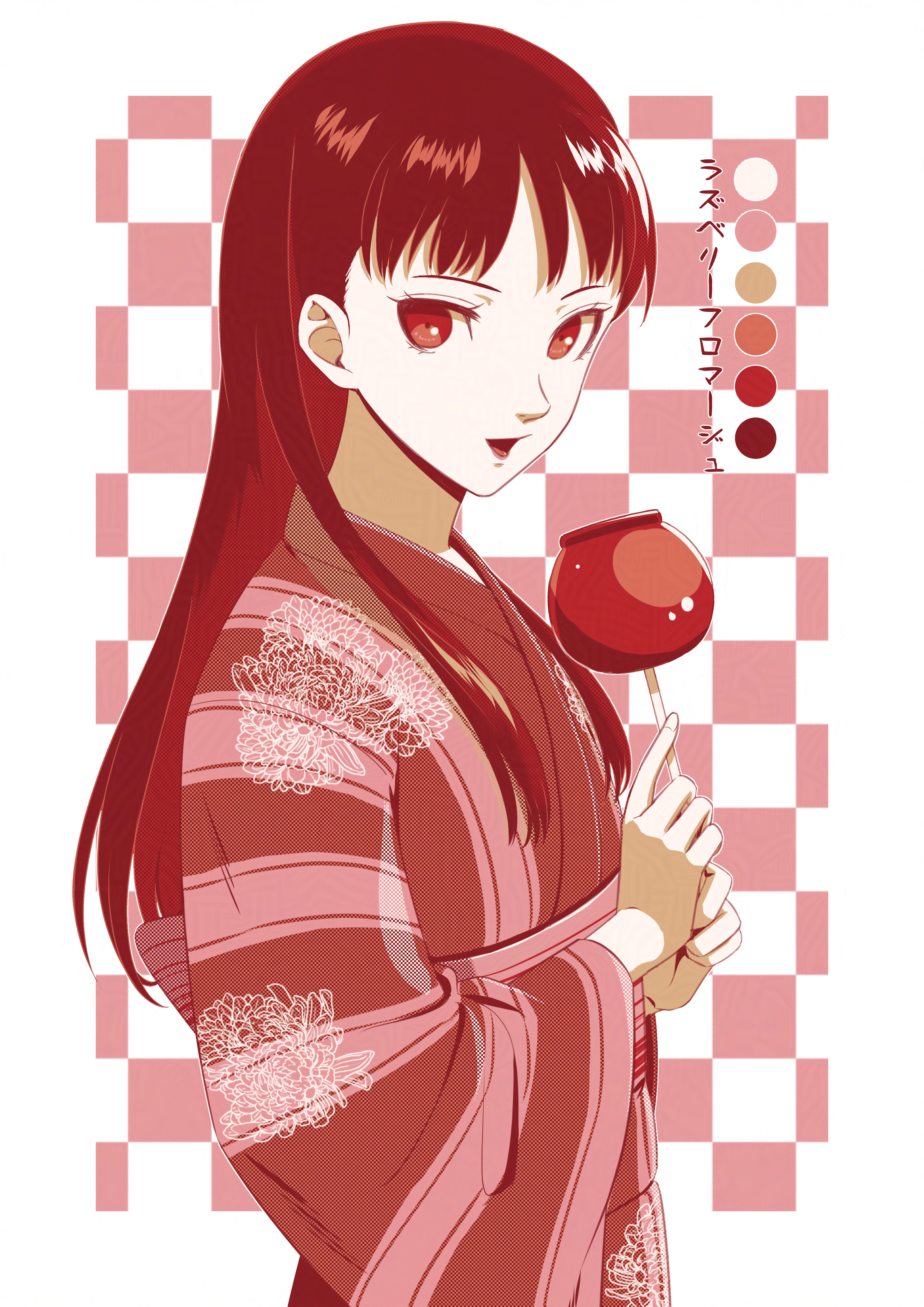 citronhsp, amagi yukiko, persona, persona 4, absurdres, highres, 1girl, :d, alternate costume, candy apple, checkered background, color guide, food, from side, japanese clothes, kimono, long hair, long sleeves, looking at viewer, open mouth, red eyes, red hair, smile, solo, standing, straight hair, striped clothes, striped kimono, upper body, wide sleeves