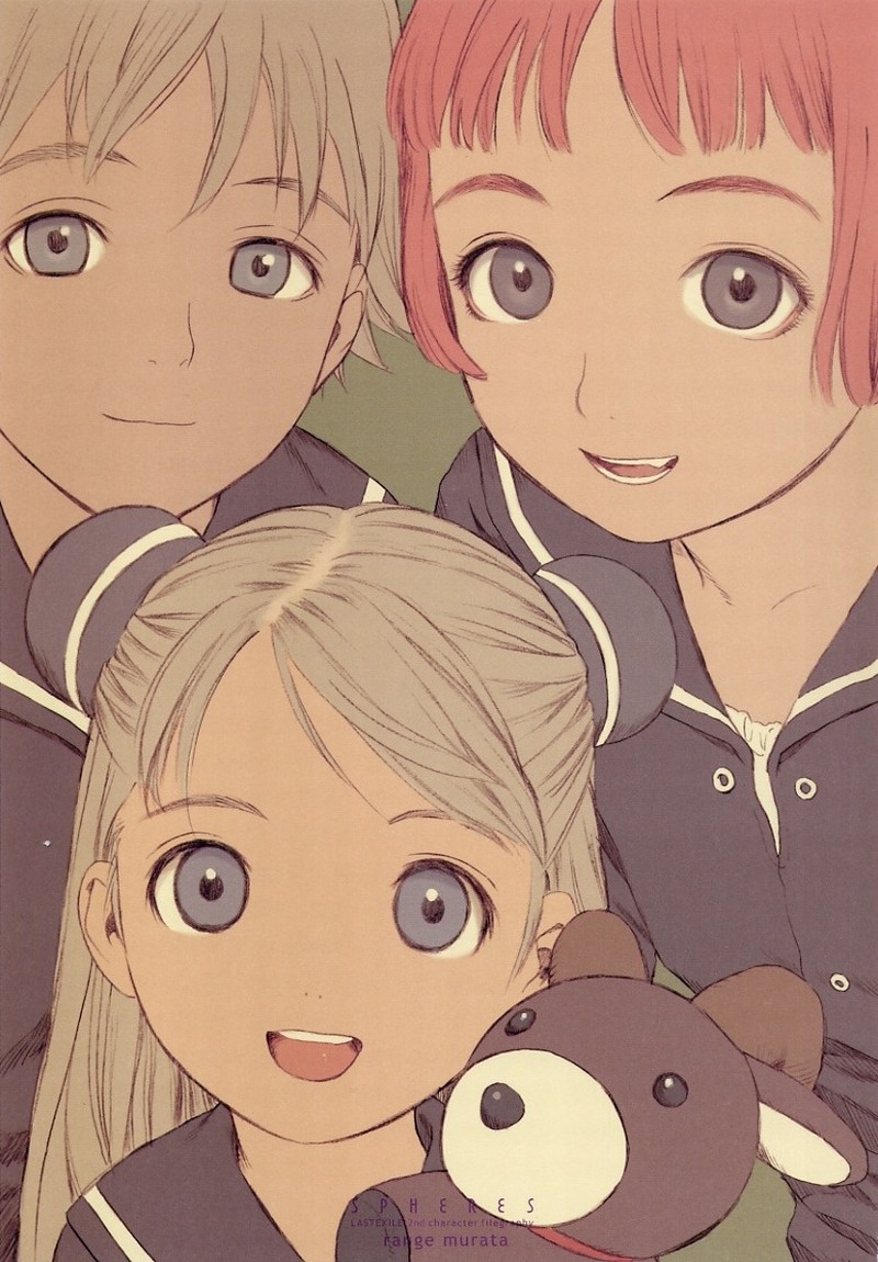 murata range, alvis hamilton, claus valca, lavie head, last exile, 00s, 1boy, 2girls, blonde hair, blue eyes, blunt bangs, bob cut, long hair, multiple girls, orb, red hair, short hair