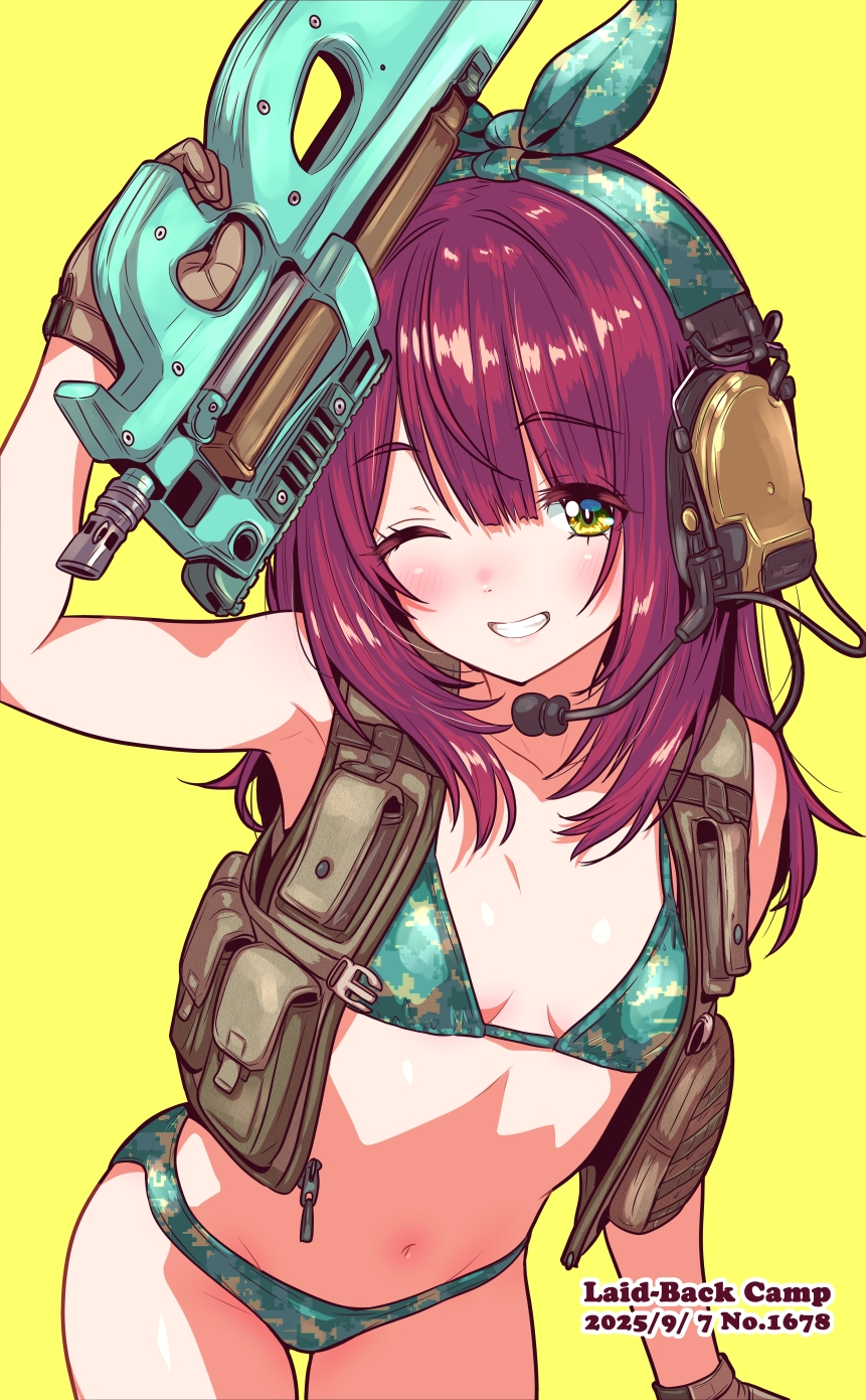 jagi (jagi souken), toki ayano, yurucamp, highres, 1girl, 2025, aqua bikini, aqua hairband, bikini, blunt bangs, blush, bow, breasts, brown gloves, bullpup, camouflage, camouflage bikini, camouflage bow, camouflage hairband, cleavage, collarbone, copyright name, dated, gloves, grin, groin, gun, hair between eyes, hair bow, hairband, headphones, holding, holding gun, holding weapon, leaning forward, long hair, navel, nose blush, one eye closed, p90, red hair, small breasts, smile, solo, straight hair, submachine gun, swimsuit, thigh gap, weapon, yellow eyes