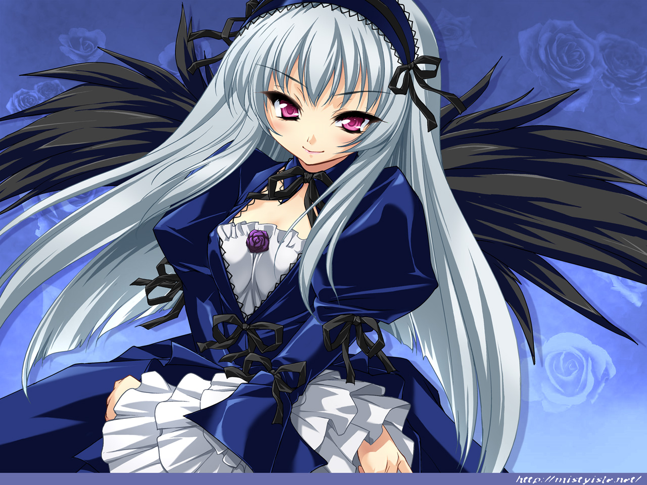 sorimura youji, suigintou, rozen maiden, silver hair, 00s, goth fashion, long hair, red eyes, wings