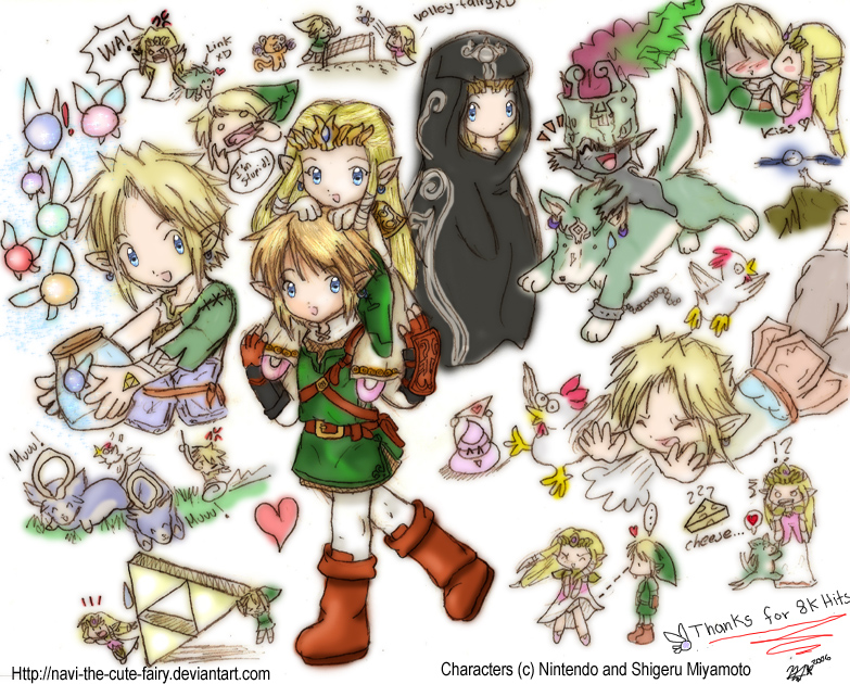 cucco, link, midna, navi, princess zelda, nintendo, the legend of zelda, the legend of zelda: twilight princess, 1boy, 2girls, bird, blonde hair, blue eyes, cheese, chibi, chicken, earrings, fairy, food, jewelry, long hair, multiple girls, pointy ears, triforce, wolf