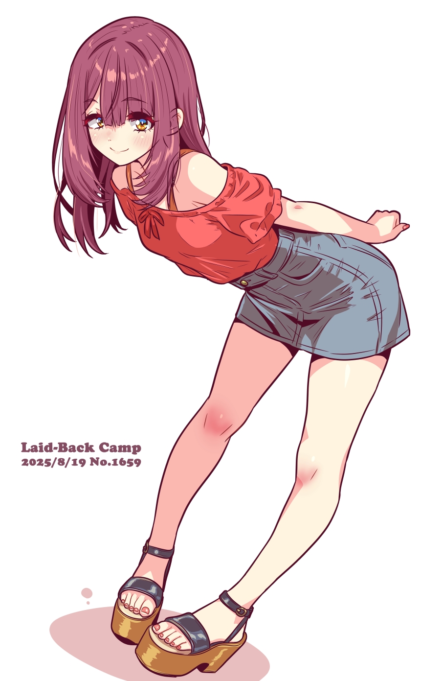 jagi (jagi souken), toki ayano, yurucamp, highres, 1girl, 2025, arms behind back, bent over, blue skirt, blush, brown hair, closed mouth, copyright name, dated, denim, denim skirt, full body, long hair, miniskirt, nail polish, off-shoulder shirt, off shoulder, red nails, red shirt, shirt, short sleeves, simple background, skirt, smile, solo, standing, straight hair, toenail polish, toenails, white background, yellow eyes