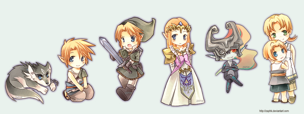 zaphk (artist), colin, ilia, link, midna, princess zelda, wolf link, nintendo, the legend of zelda, the legend of zelda: twilight princess, md5 mismatch, resolution mismatch, source smaller, 2girls, 4boys, blonde hair, blue eyes, chibi, dual persona, green eyes, green tunic, hat, holding, holding sword, holding weapon, multiple boys, multiple girls, multiple persona, pointy ears, sword, tunic, weapon, wii version, wolf