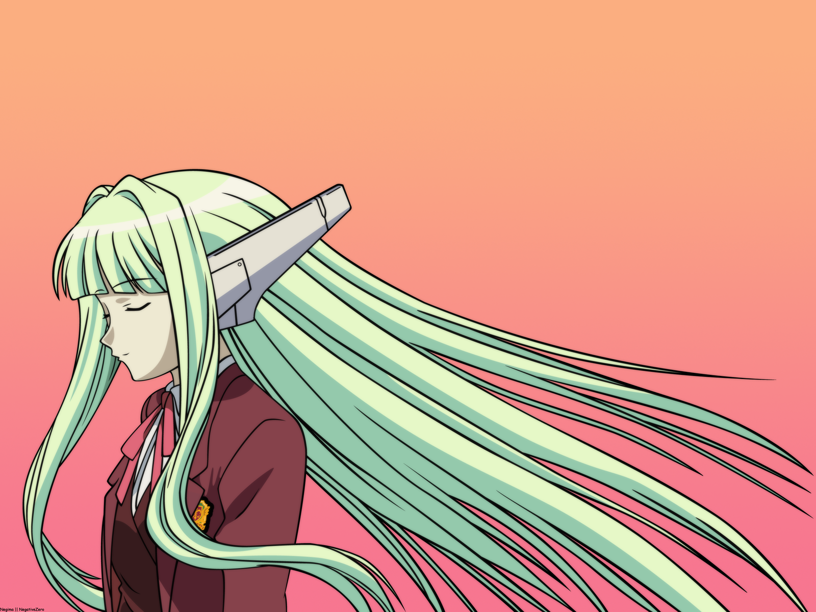 negativezero, karakuri chachamaru, mahou sensei negima!, derivative work, highres, vector trace, 00s, closed eyes, green hair, long hair, robot ears, school uniform, serafuku, solo