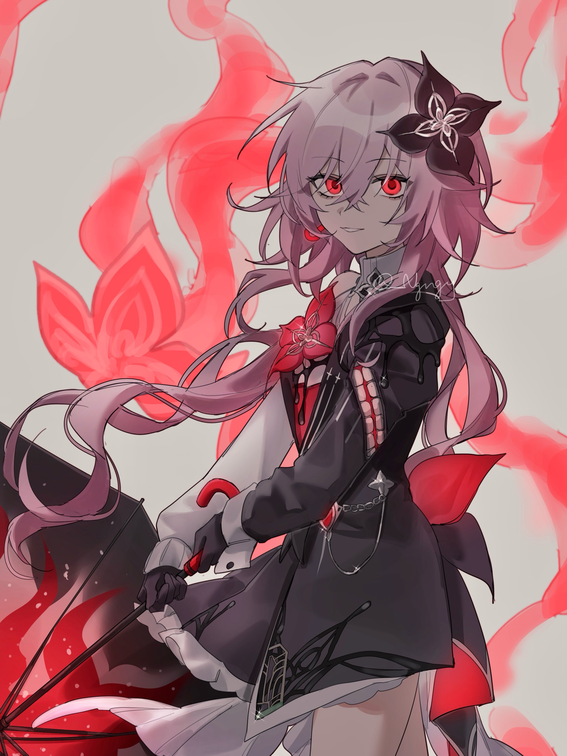 21syn q (gohan), evernight (honkai: star rail), march 7th (honkai: star rail), honkai: star rail, honkai (series), absurdres, highres, 1girl, black dress, black flower, black gloves, black umbrella, dress, flower, gloves, glowing, glowing eyes, hair flower, hair ornament, holding, holding umbrella, official alternate eye color, pink hair, single bare shoulder, solo, umbrella