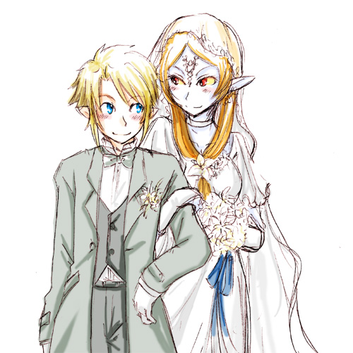 link, midna, midna (true), nintendo, the legend of zelda, the legend of zelda: twilight princess, lowres, spoilers, 1boy, 1girl, blue skin, blush, bouquet, choker, colored skin, dress, flower, formal clothes, front ponytail, good end, happy, height difference, orange hair, pointy ears, red eyes, smile, suit, wedding, wedding dress