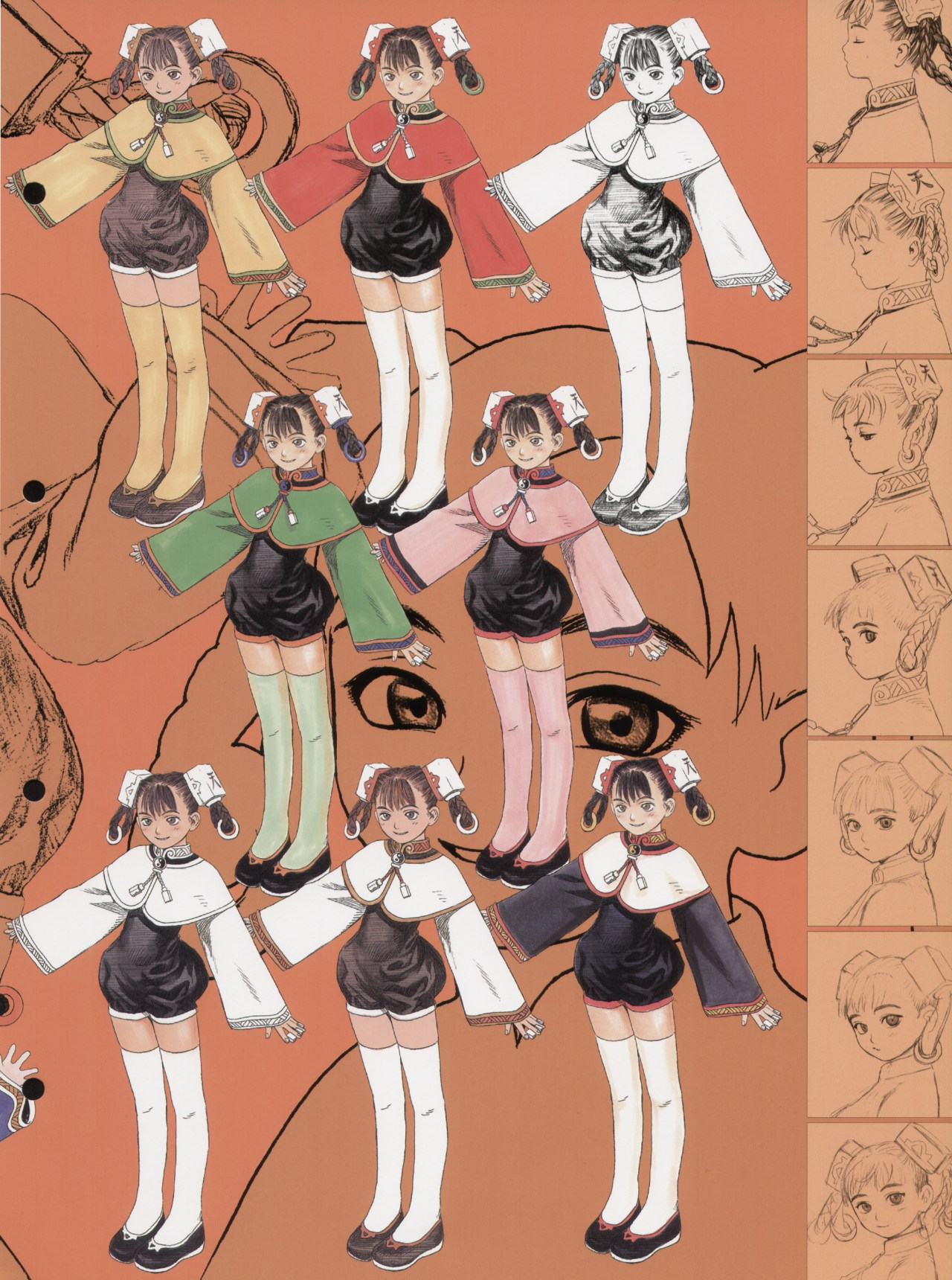 murata range, futurhythm, highres, 1girl, black hair, braid, bun cover, double bun, full body, hair bun, half-closed eyes, japanese clothes, legs together, long sleeves, monochrome, multiple views, orange background, outstretched arm, reference sheet, short hair, simple background, standing, thighhighs, twin braids, white thighhighs, wide sleeves, zettai ryouiki
