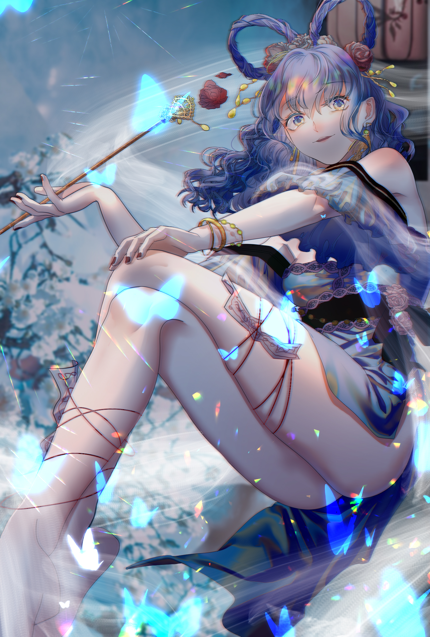 doku kobuko, kaku seiga, touhou, highres, 1girl, ass, bare shoulders, barefoot, blue dress, blue eyes, blue hair, bracelet, dress, hair between eyes, jewelry, legs, long hair, looking at viewer, nail polish, no panties, off-shoulder dress, off shoulder, ofuda, ofuda on leg, red nails, sitting, smile, solo, thighs