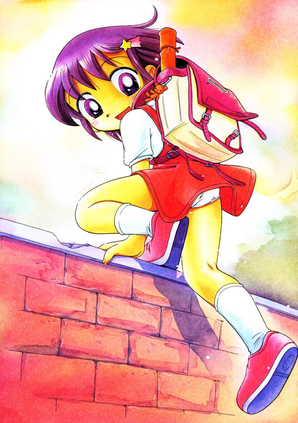 hoshino fuuta, highres, 1girl, backpack, bag, female focus, loli, panties, pantyshot, purple eyes, purple hair, randoseru, solo, underwear, upskirt