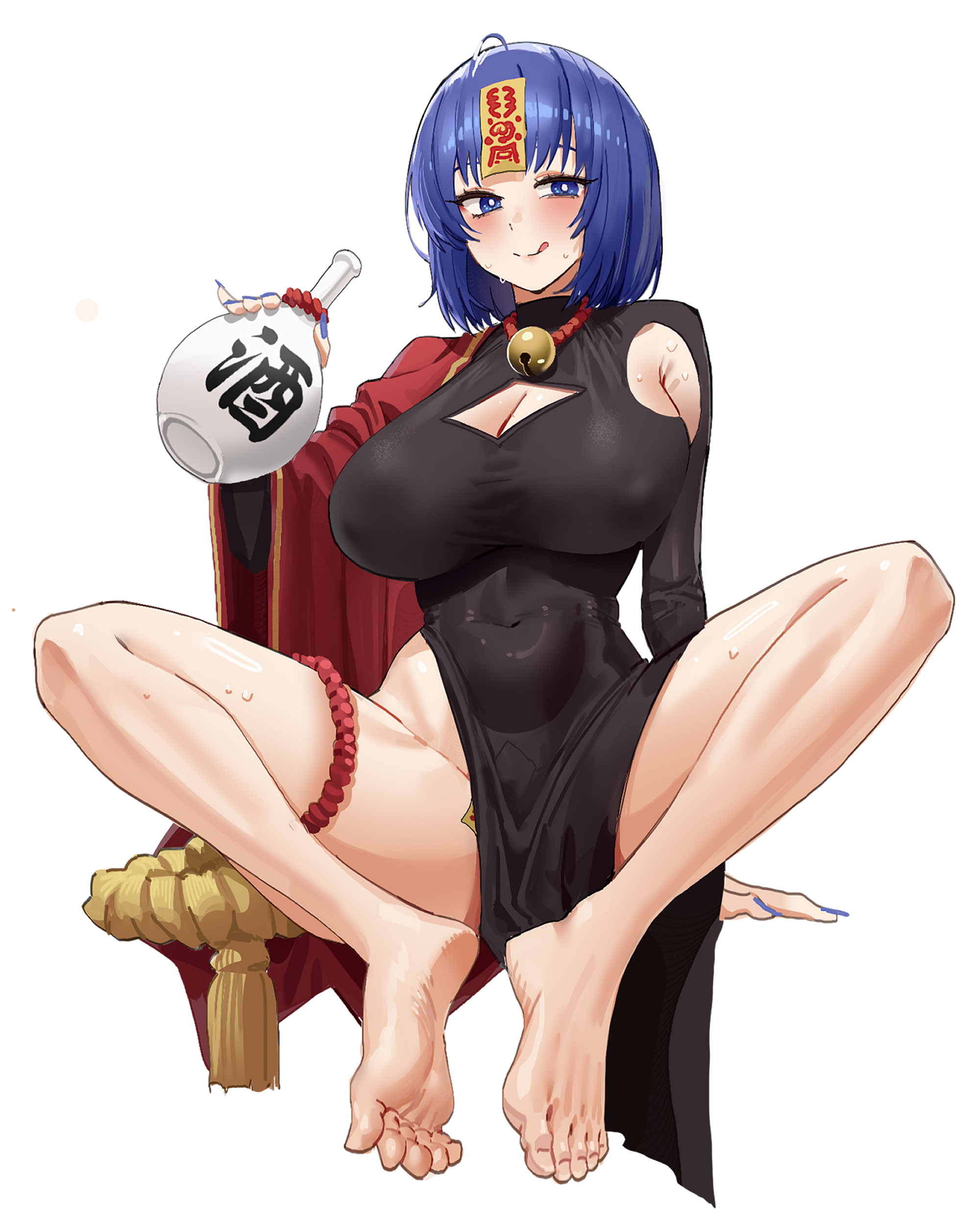goback, original, absurdres, highres, translation request, 1girl, :q, ahoge, arm support, barefoot, bell, black dress, blue eyes, blue hair, blue nails, blush, bottle, breasts, bright pupils, cleavage cutout, clothing cutout, covered navel, dress, feet, holding, holding bottle, invisible chair, large breasts, legs, looking at viewer, nail polish, neck bell, ofuda, ofuda on head, pelvic curtain, pinky out, rope, simple background, sitting, soles, solo, sweat, toes, tongue, tongue out, very long fingernails, white background, white pupils