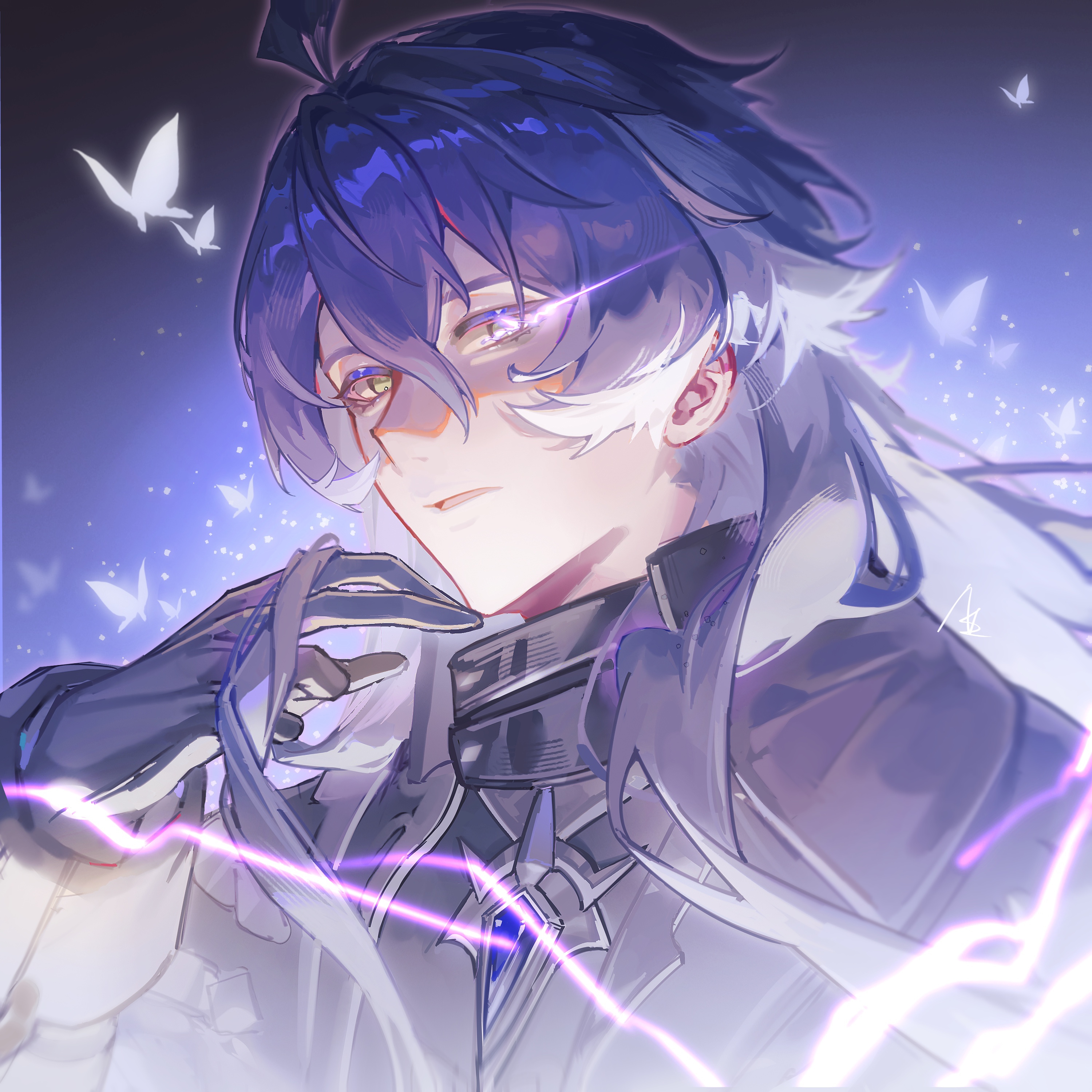 hebuduxiyang, flins (genshin impact), genshin impact, absurdres, chinese commentary, highres, 1boy, ahoge, antenna hair, black coat, black gloves, blue background, blue hair, blurry, blurry foreground, bug, butterfly, chest jewel, coat, collared coat, curly hair, electricity, gloves, glowing, gradient background, hair between eyes, holding, holding own hair, huge ahoge, insect, light particles, long sleeves, looking at viewer, looking to the side, male focus, multicolored hair, open mouth, powering up, shade, shaded face, solo, upper body, yellow eyes