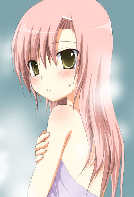 chany, katsura hinagiku, hayate no gotoku!, 00s, 1girl, blush, female focus, pink hair, solo, towel, wet, yellow eyes