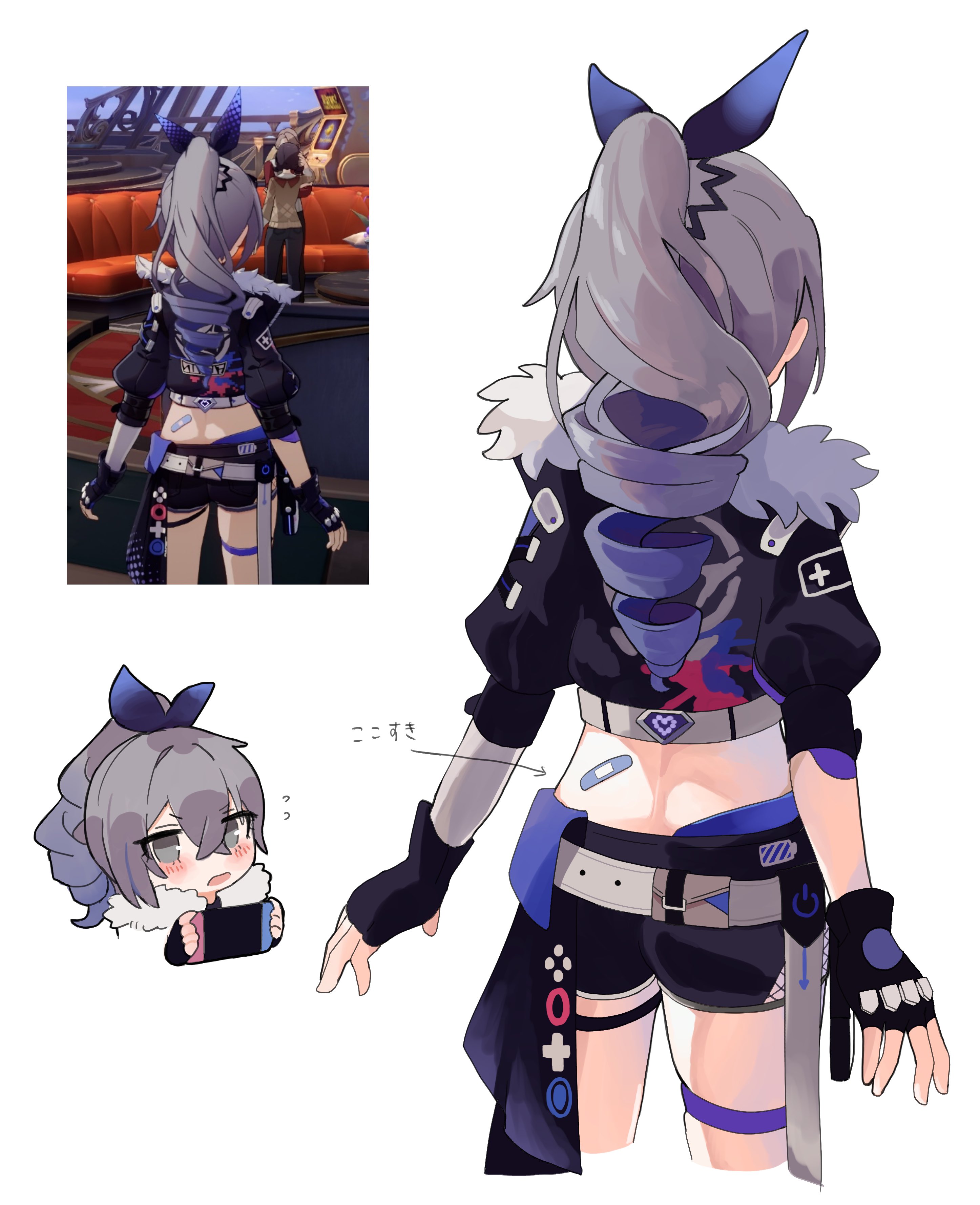 tukuti, silver wolf (honkai: star rail), honkai: star rail, honkai (series), absurdres, highres, ass, bandages, bandaid, bandaid on back, drill hair, drill ponytail, from behind, fur-trimmed jacket, fur trim, game screenshot inset, grey eyes, inset, jacket, simple background, single drill, white background