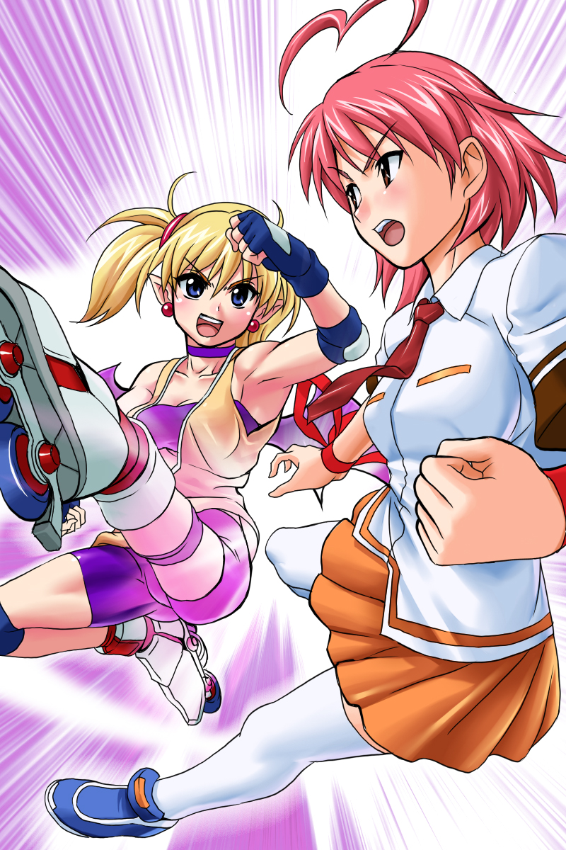 g-tetsu, aino heart, lilica felchenerow, aq interactive, arcana heart, atlus, examu, highres, 2girls, ahoge, bat wings, battle, blonde hair, blue eyes, demon girl, earrings, elbow pads, fingerless gloves, gloves, heart, heart ahoge, inline skates, jewelry, misono gakuen school uniform, multiple girls, necktie, orange skirt, pink hair, pointy ears, ribbon, roller skates, school uniform, skates, skirt, thighhighs, twintails, wings, wrist ribbon