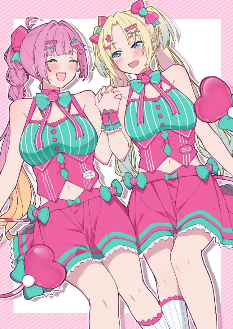 liz (piyoko piyop), anyoji hime, osawa rurino, link! like! love live!, love live!, commentary request, 2girls, :d, ahoge, aqua shirt, blonde hair, blue hair, blush, border, bow, breasts, diagonal-striped border, drop shadow, fang, gradient hair, hair bow, hair ornament, heart, heart hair ornament, holding hands, interlocked fingers, invisible chair, large breasts, miniskirt, multi-tied hair, multicolored hair, multiple girls, navel, official alternate costume, open mouth, outline, parted bangs, pink border, pink bow, pink hair, pink shirt, pink skirt, pinstripe pattern, pinstripe shirt, pinstripe socks, pleated skirt, ponytail, shirt, sidelocks, simple background, single sock, sitting, skin fang, skirt, sleeveless, sleeveless shirt, smile, socks, twintails, two-tone shirt, virtual youtuber, wawo! (love live!), white background, white outline, white socks, x hair ornament