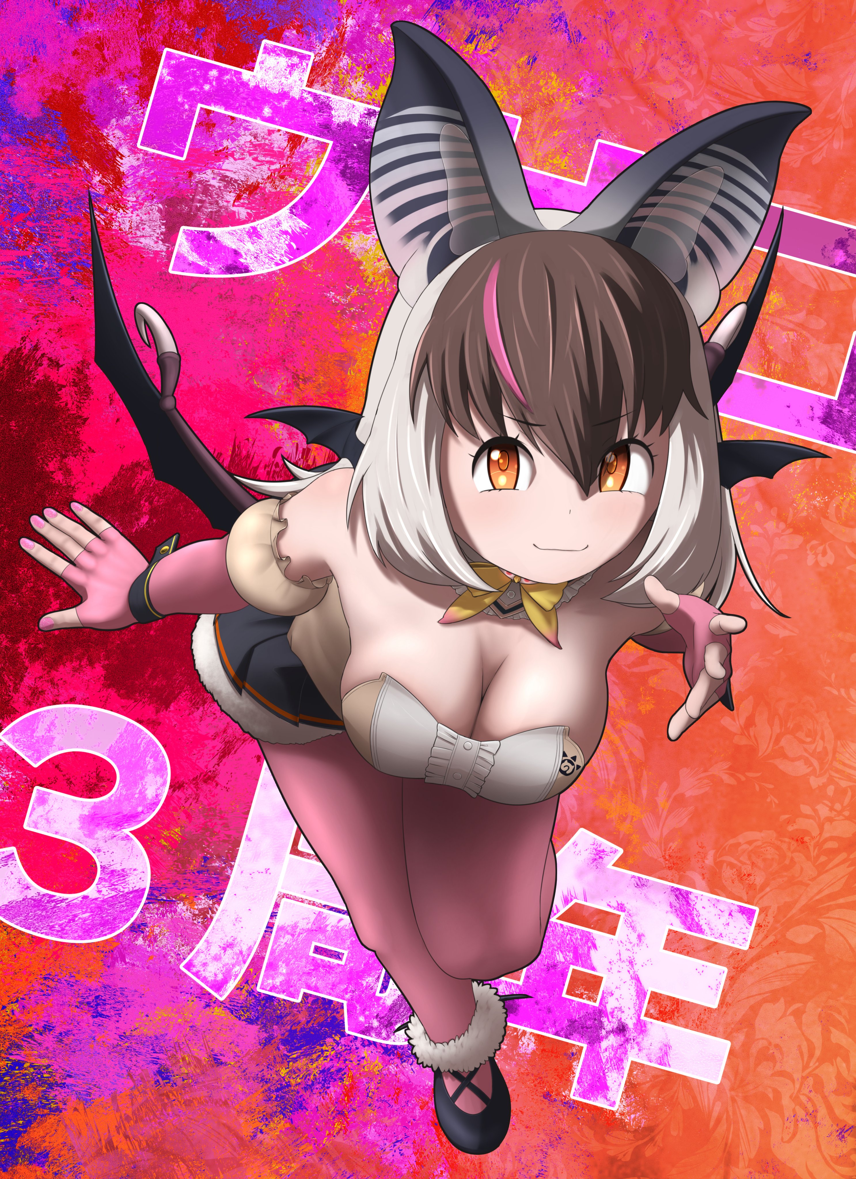 rest in muni, brown long-eared bat (kemono friends), kemono friends, kemono friends v project, absurdres, highres, 1girl, animal ears, bat ears, bat girl, bat wings, breasts, brown eyes, brown hair, cleavage, elbow gloves, extra ears, fingerless gloves, full body, gloves, grey hair, large breasts, leotard, long hair, looking at viewer, microphone, multicolored hair, pantyhose, shoes, simple background, skirt, solo, streaked hair, virtual youtuber, wings