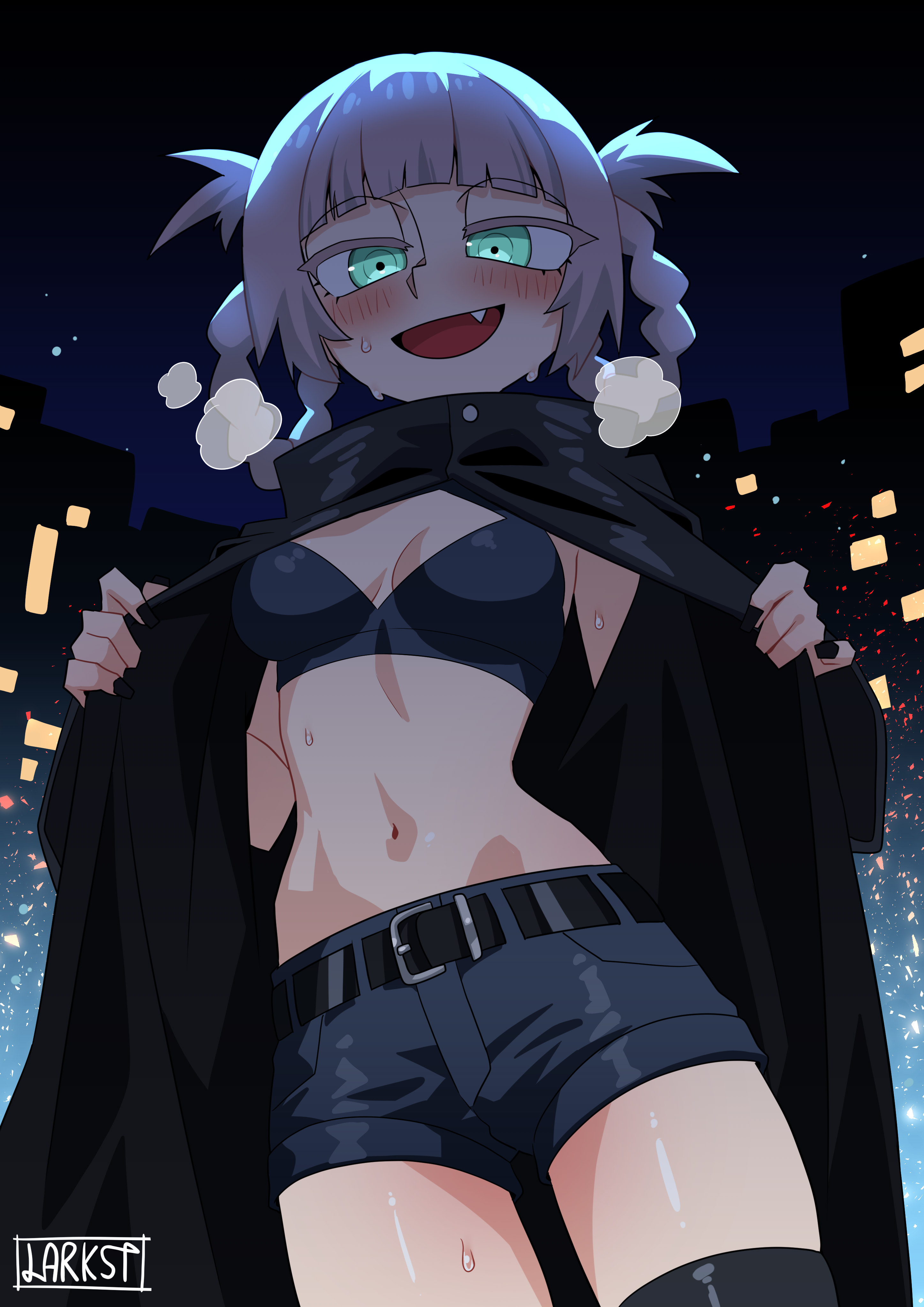 nanakusa nazuna (yofukashi no uta), yofukashi no uta, absurdres, commentary, english commentary, highres, 1girl, belt, black belt, black cloak, black nails, black shorts, black tank top, black thighhighs, blunt bangs, blush, braid, braided hair rings, breasts, building, cleavage cutout, cloak, clothing cutout, crop top, fang, green eyes, hair rings, heavy breathing, larkst, looking at viewer, midriff, navel, night, open cloak, open clothes, open mouth, outdoors, purple hair, ringed eyes, short hair, short shorts, shorts, signature, small breasts, solo, sweat, tank top, thick eyelashes, thighhighs