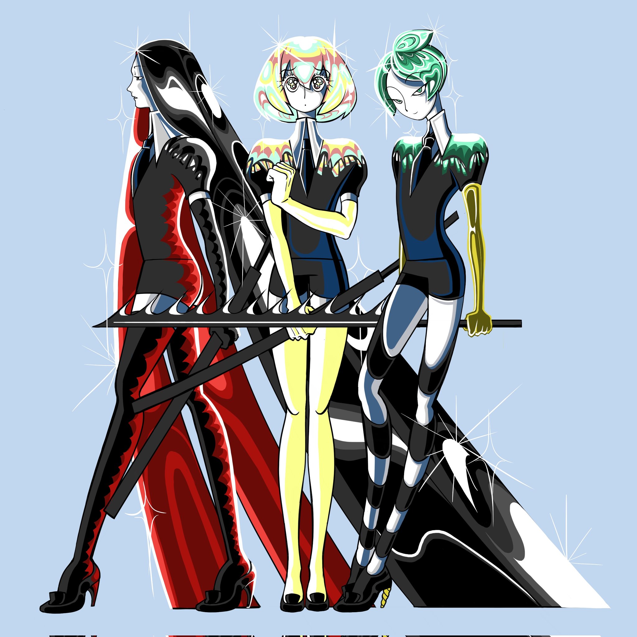 bort, diamond (houseki no kuni), houseki no kuni, character request, highres, 3others, absurdly long hair, black hair, black necktie, black shoes, black thighhighs, blue background, crystal hair, elbow gloves, gem uniform (houseki no kuni), glint, gloves, golden arms, green hair, hair between eyes, high heels, holding, holding sword, holding weapon, iwa (erwinsfootstall), long hair, looking at viewer, multiple others, necktie, profile, red hair, shoes, short hair, standing, sword, thighhighs, very long hair, weapon, yellow gloves, yellow thighhighs