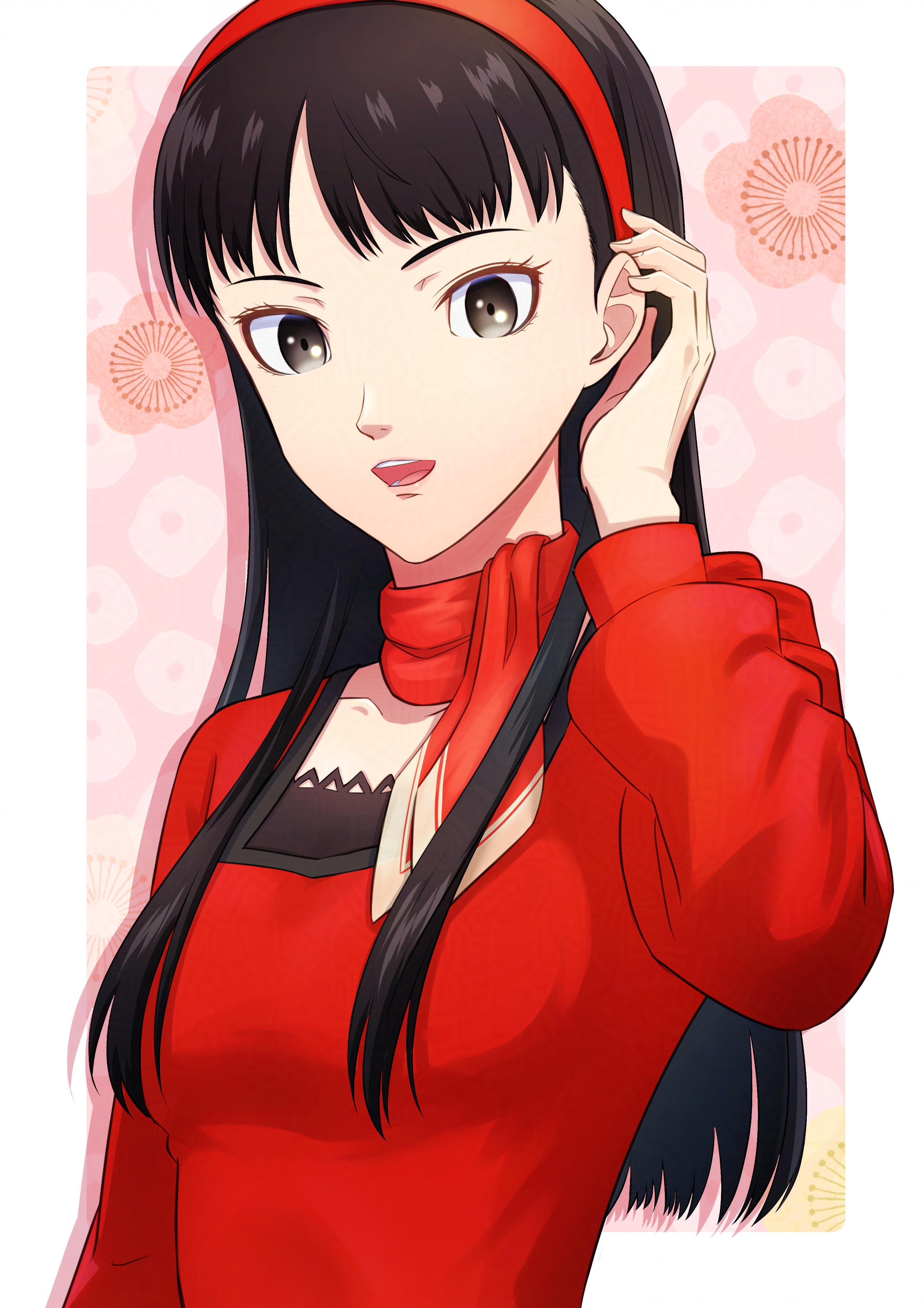 citronhsp, amagi yukiko, persona, persona 4, absurdres, highres, 1girl, :d, adjusting hair, black eyes, black hair, breasts, long hair, long sleeves, looking at viewer, open mouth, red hair, red scarf, red sweater, scarf, small breasts, smile, solo, straight hair, sweater, upper body