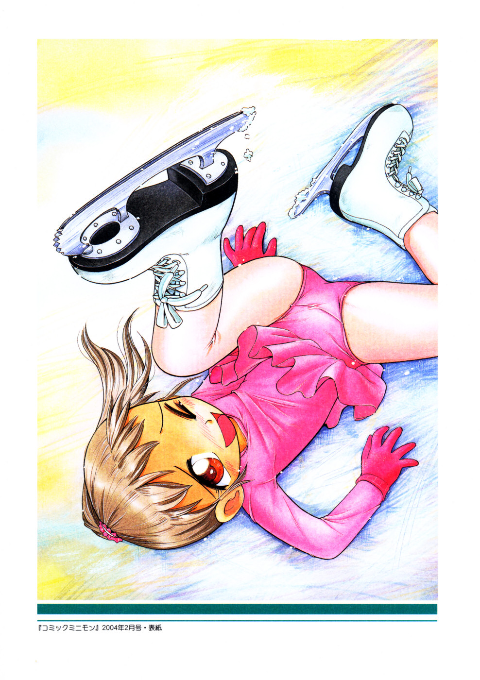 hoshino fuuta, cross-laced footwear, highres, scan, traditional media, 1girl, ;d, blush, brown hair, child, clothes lift, crotch, dated, dutch angle, female focus, figure skater, flat chest, foreshortening, from above, gloves, ice, ice skating, leg up, leotard, long hair, looking at viewer, lying, on back, one eye closed, open mouth, pantyhose, ponytail, red eyes, scrunchie, skates, skating, skirt, skirt lift, smile, solo, spread legs, wince