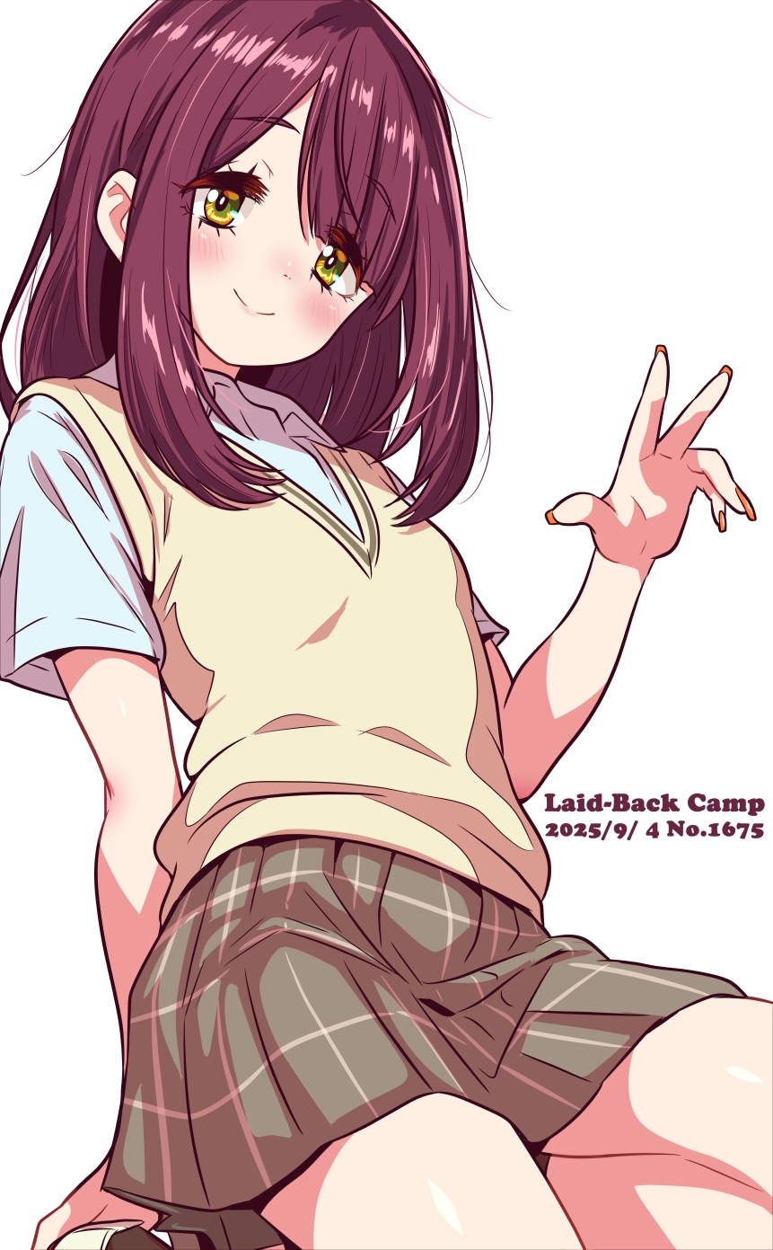 jagi (jagi souken), toki ayano, yurucamp, highres, 1girl, 2025, black socks, blue shirt, blush, brown hair, closed mouth, collared shirt, copyright name, dated, green eyes, grey skirt, long hair, looking at viewer, miniskirt, nail polish, orange nails, pleated skirt, school uniform, shirt, short sleeves, simple background, sitting, skirt, smile, socks, solo, straight hair, sweater vest, white background, white sweater vest, wing collar