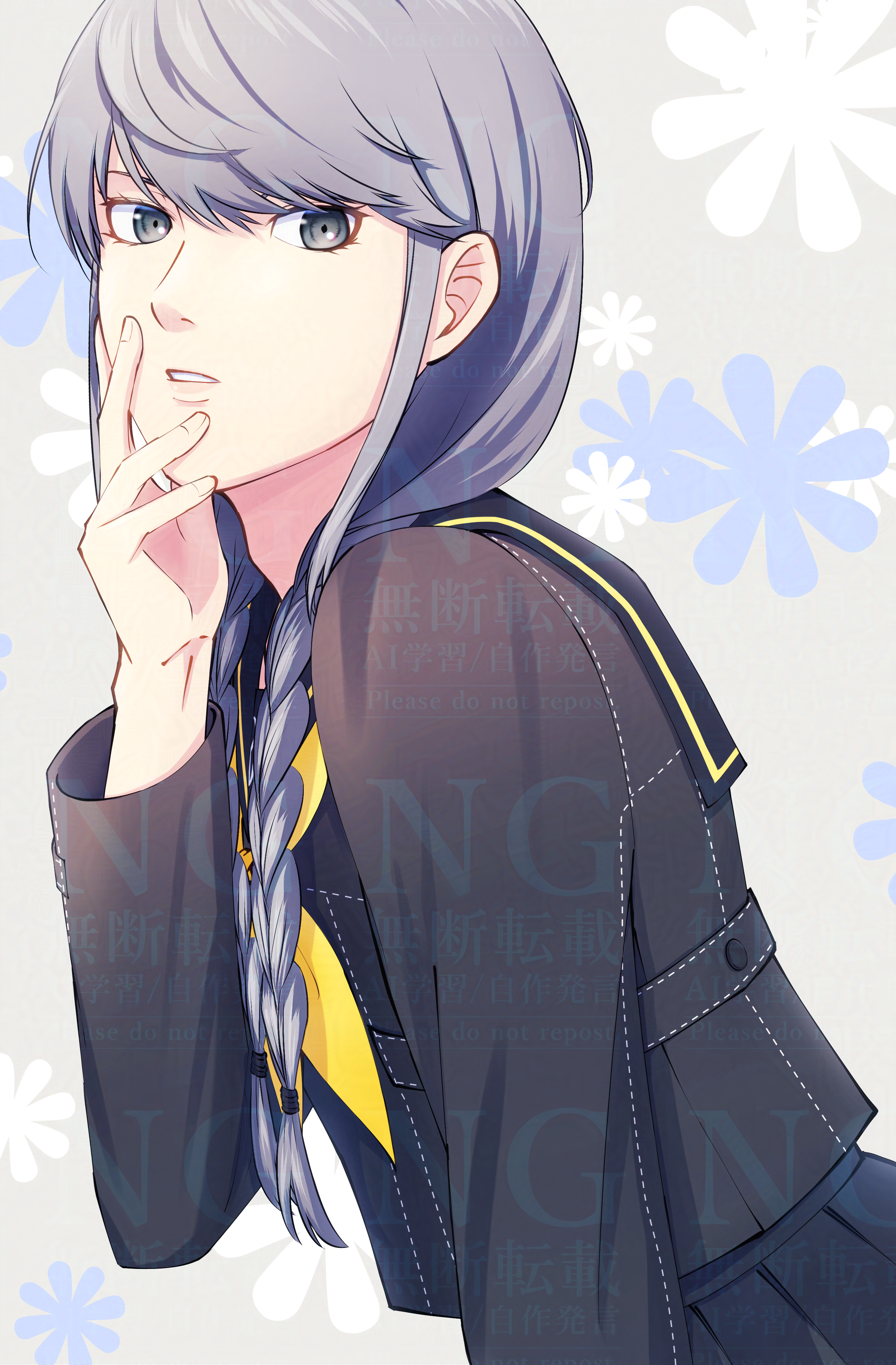 citronhsp, narukami yu, persona, persona 4, absurdres, highres, 1boy, black sailor collar, black shirt, black skirt, braid, crossdressing, crossdressing (mtf), eyebrows hidden by hair, grey eyes, grey hair, hand on own face, long hair, long sleeves, looking at viewer, low twin braids, low twintails, miniskirt, neckerchief, parted bangs, sailor collar, school uniform, shirt, skirt, solo, swept bangs, twin braids, twintails, upper body, watermark, yasogami school uniform, yellow neckerchief