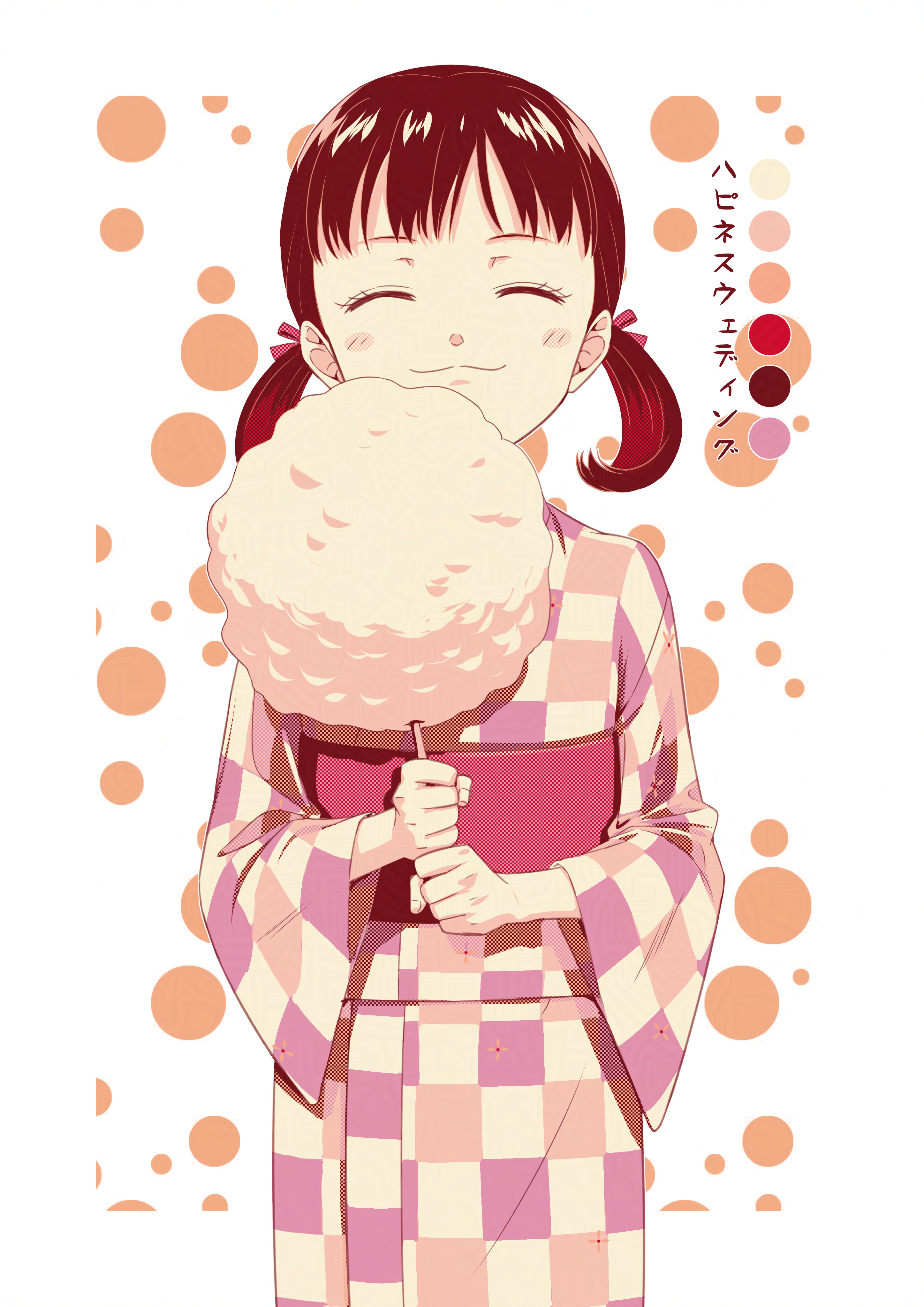 citronhsp, doujima nanako, persona, persona 4, absurdres, highres, 1girl, :3, ^ ^, alternate costume, brown hair, checkered clothes, checkered kimono, closed eyes, color guide, cotton candy, cowboy shot, facing viewer, food, hair ribbon, holding, holding cotton candy, holding food, japanese clothes, kimono, long hair, long sleeves, obi, pink ribbon, ribbon, sash, solo, standing, twintails
