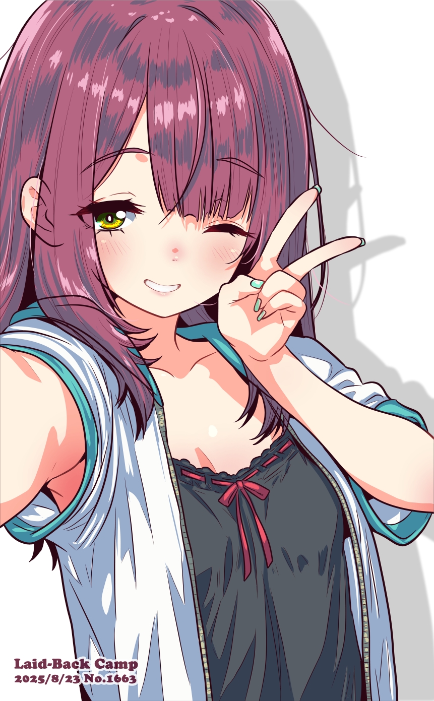 jagi (jagi souken), toki ayano, yurucamp, highres, 1girl, 2025, aqua nails, blunt bangs, blush, breasts, cleavage, collarbone, copyright name, dated, green eyes, grin, jacket, long hair, looking at viewer, nail polish, nose blush, one eye closed, open clothes, open jacket, purple hair, red ribbon, ribbon, selfie, short sleeves, small breasts, smile, solo, straight hair, upper body, v, white jacket