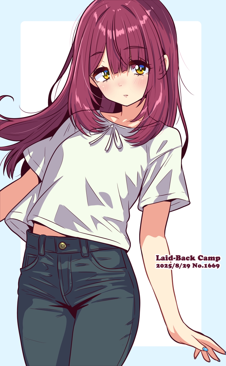 jagi (jagi souken), toki ayano, yurucamp, highres, 1girl, black pants, blue border, blue nails, blunt bangs, blush, border, cowboy shot, denim, floating hair, hair between eyes, hair intakes, jeans, long hair, looking at viewer, midriff, midriff peek, nail polish, nose blush, pants, parted lips, purple hair, shirt, short sleeves, solo, standing, straight hair, white background, white shirt, yellow eyes