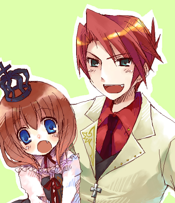 suzushiro kurumi, ushiromiya battler, ushiromiya maria, umineko no naku koro ni, 00s, 1boy, 1girl, blue eyes, brown hair, cousins, crown, fang, formal clothes, green eyes, necktie, oekaki, red hair, suit