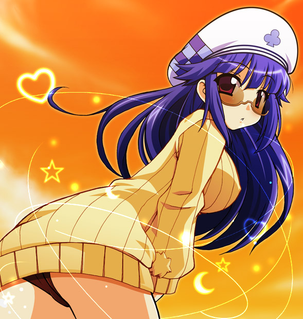 chirorian, arin (pangya), pangya, 1girl, beret, breasts, covered erect nipples, female focus, glasses, hat, large breasts, long hair, looking at viewer, panties, parted lips, purple hair, red eyes, solo, sweater, underwear