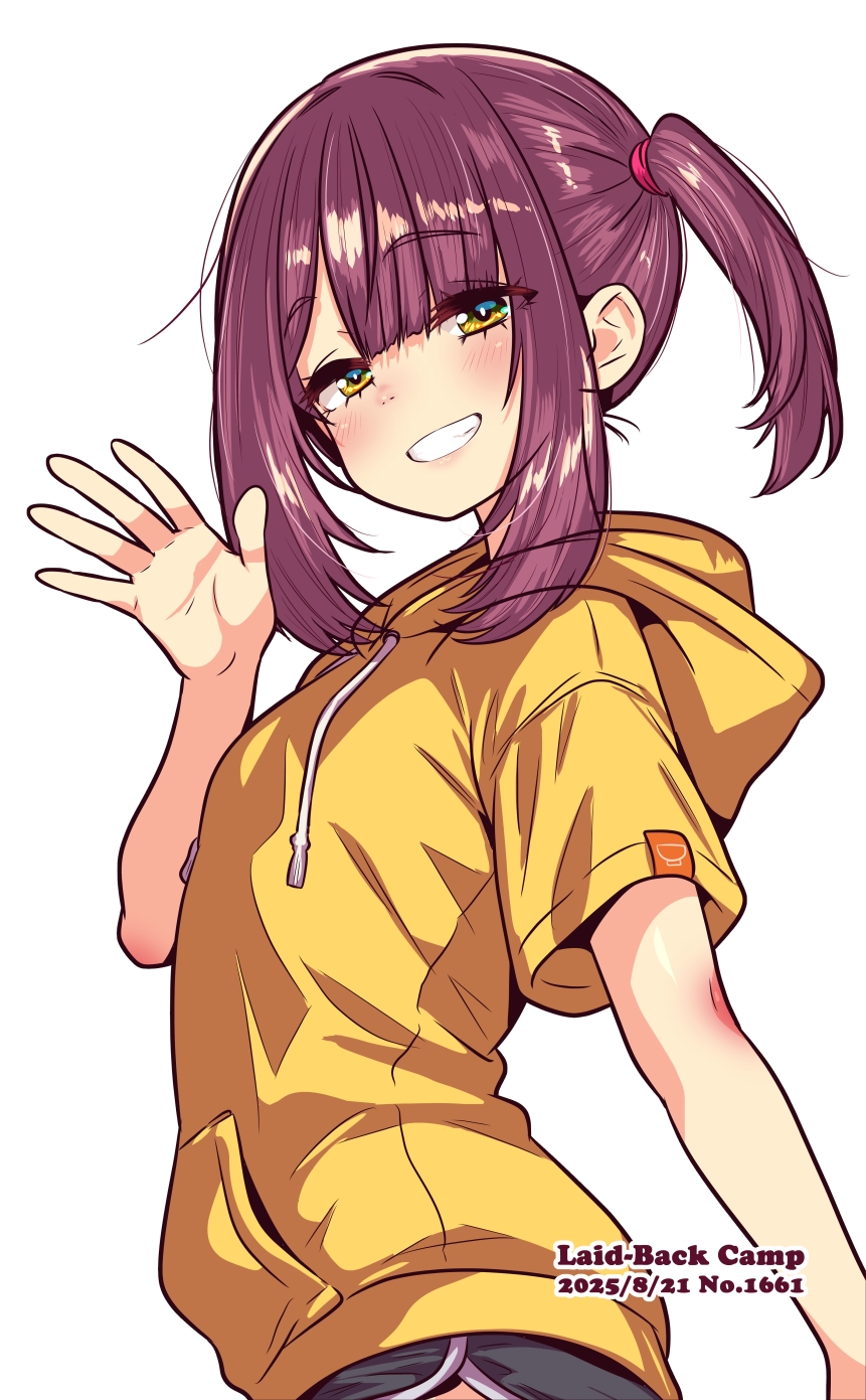 jagi (jagi souken), toki ayano, yurucamp, highres, 1girl, 2025, black shorts, blunt bangs, blush, brown hair, copyright name, dated, dolphin shorts, grin, hood, hood down, hooded jacket, jacket, long hair, looking at viewer, nose blush, short shorts, short sleeves, shorts, side ponytail, sidelocks, simple background, smile, solo, standing, waving, white background, yellow eyes, yellow jacket