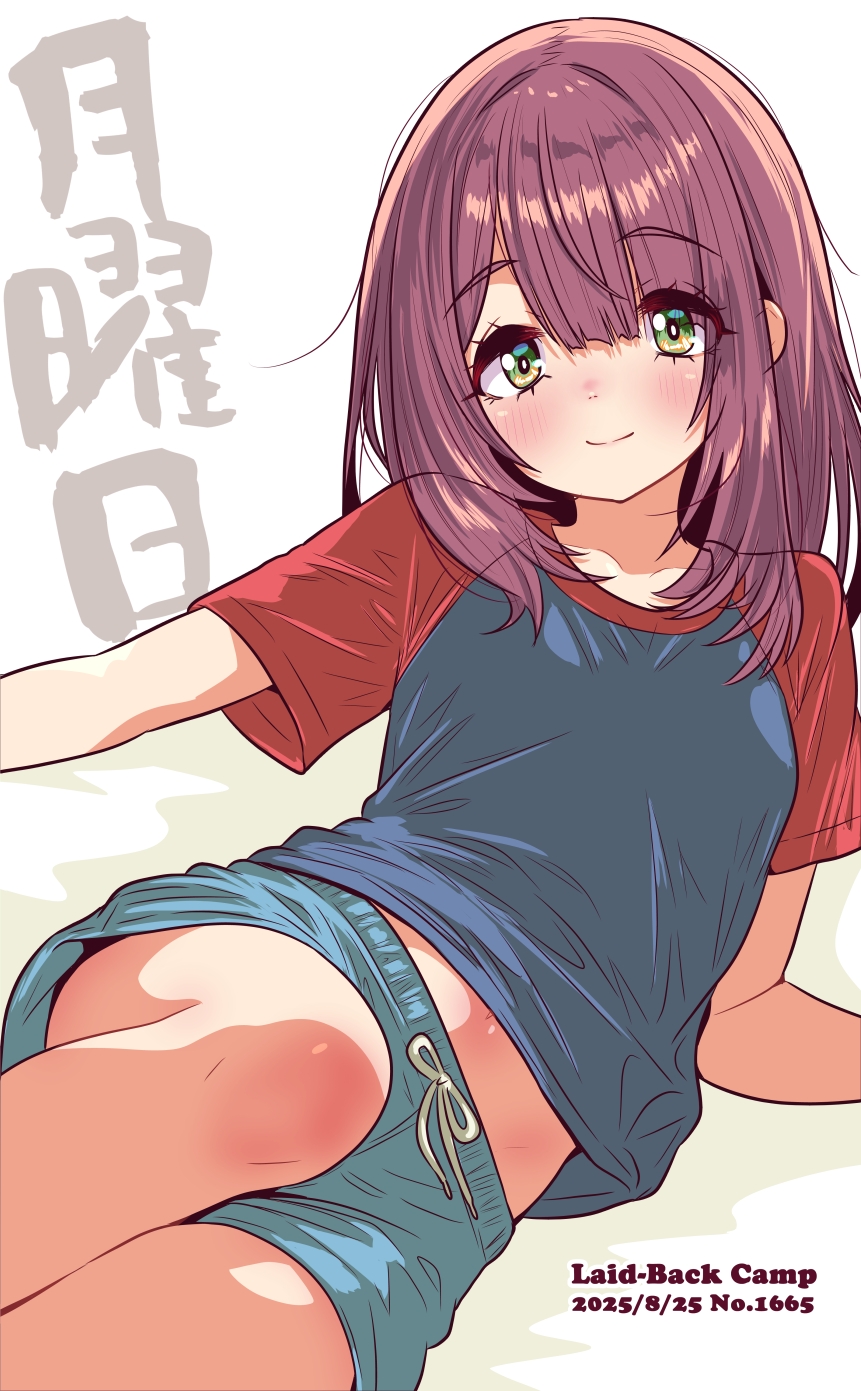 jagi (jagi souken), toki ayano, yurucamp, highres, 1girl, 2025, bare legs, blue shirt, blue shorts, blunt bangs, blush, brown hair, closed mouth, collarbone, copyright name, dated, green eyes, hair between eyes, long hair, looking at viewer, lying, midriff, midriff peek, navel, nose blush, on side, red sleeves, shirt, short shorts, short sleeves, shorts, smile, solo, stomach, straight hair, white background