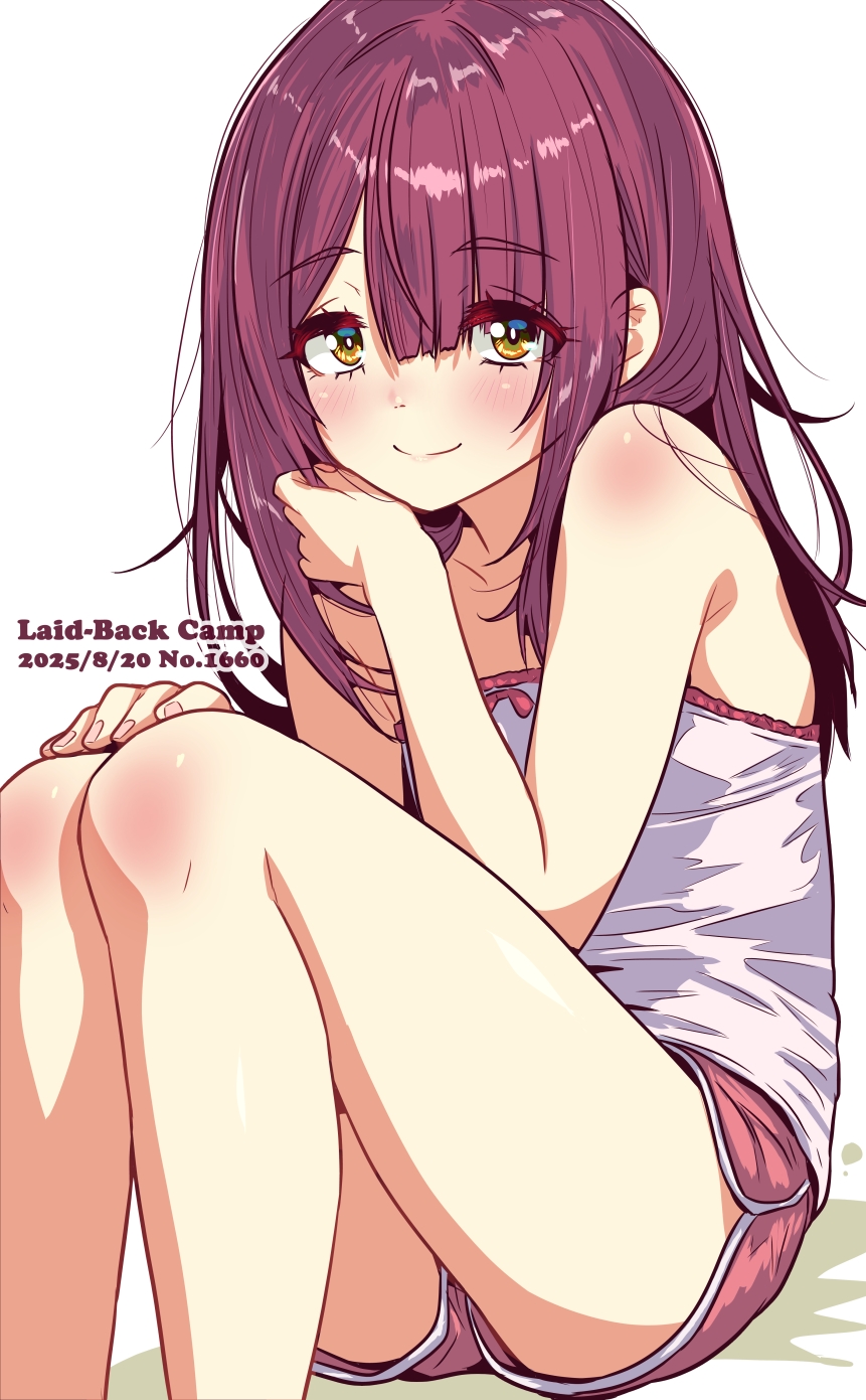 jagi (jagi souken), toki ayano, yurucamp, highres, 1girl, 2025, bare arms, bare legs, blush, brown hair, closed mouth, collarbone, copyright name, dated, dolphin shorts, hand on own knee, long hair, nose blush, pink shorts, shirt, short shorts, shorts, sitting, sleeveless, sleeveless shirt, smile, solo, straight hair, white background, white shirt, yellow eyes