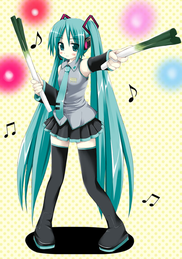 kiriya haruhito, hatsune miku, vocaloid, 1girl, aqua hair, black thighhighs, female focus, kiyira haruhito, long hair, solo, spring onion, thighhighs, twintails, very long hair, yellow background