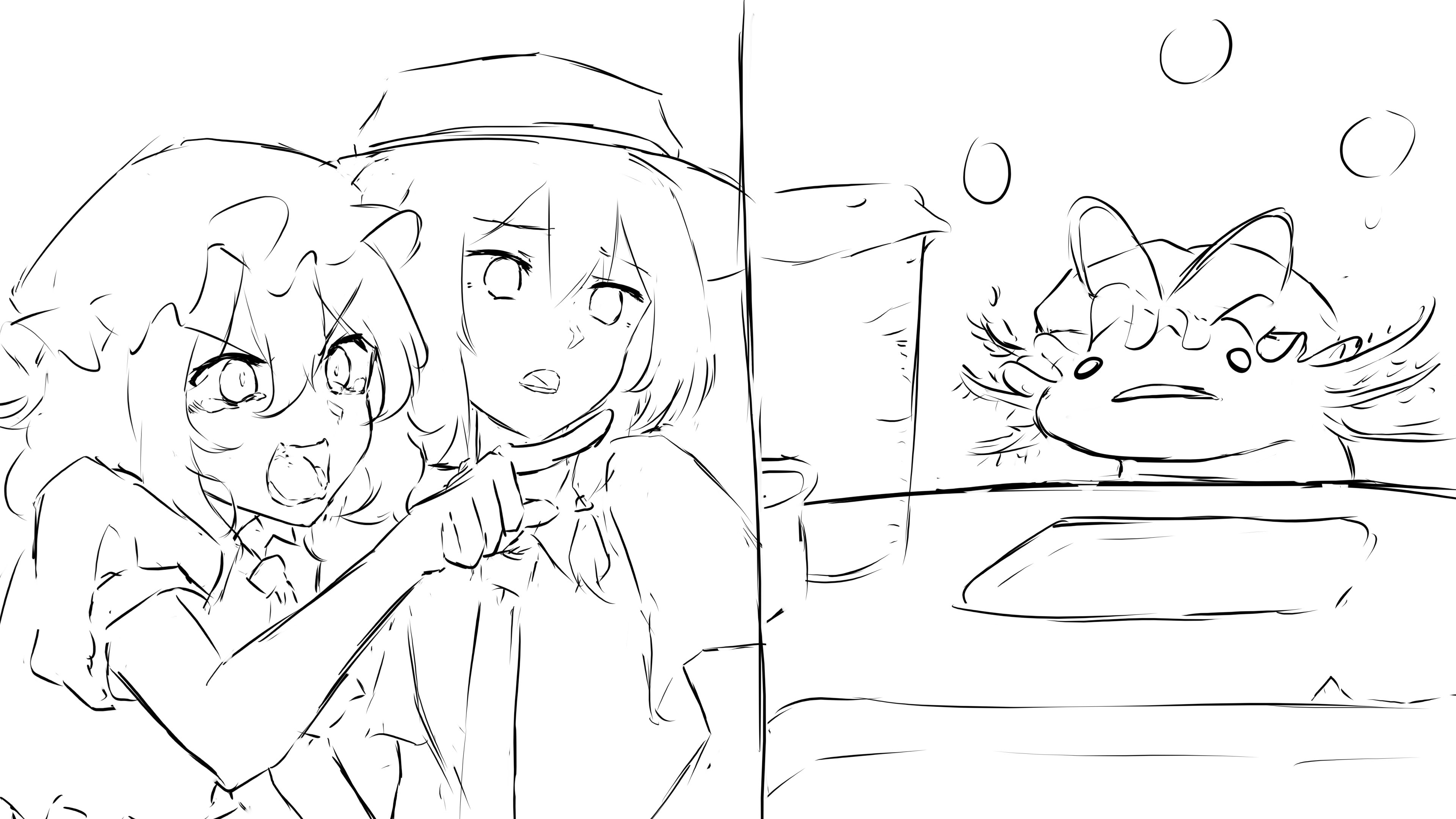 t-hou, maribel hearn, usami renko, yakumo yukari, yakumo yukari (axolotl), touhou, absurdres, highres, 3girls, angry, animalization, bubble, collar, dress, fedora, hair ribbon, hat, hat ribbon, measuring cup, meme, mob cap, multiple girls, necktie, open mouth, parody, person and animalization, pointing, pointing at another, puffy short sleeves, puffy sleeves, ribbon, sad, short hair, short sleeves, simple background, sitting, table, tears, tray, white background, white hat, woman yelling at cat (meme)