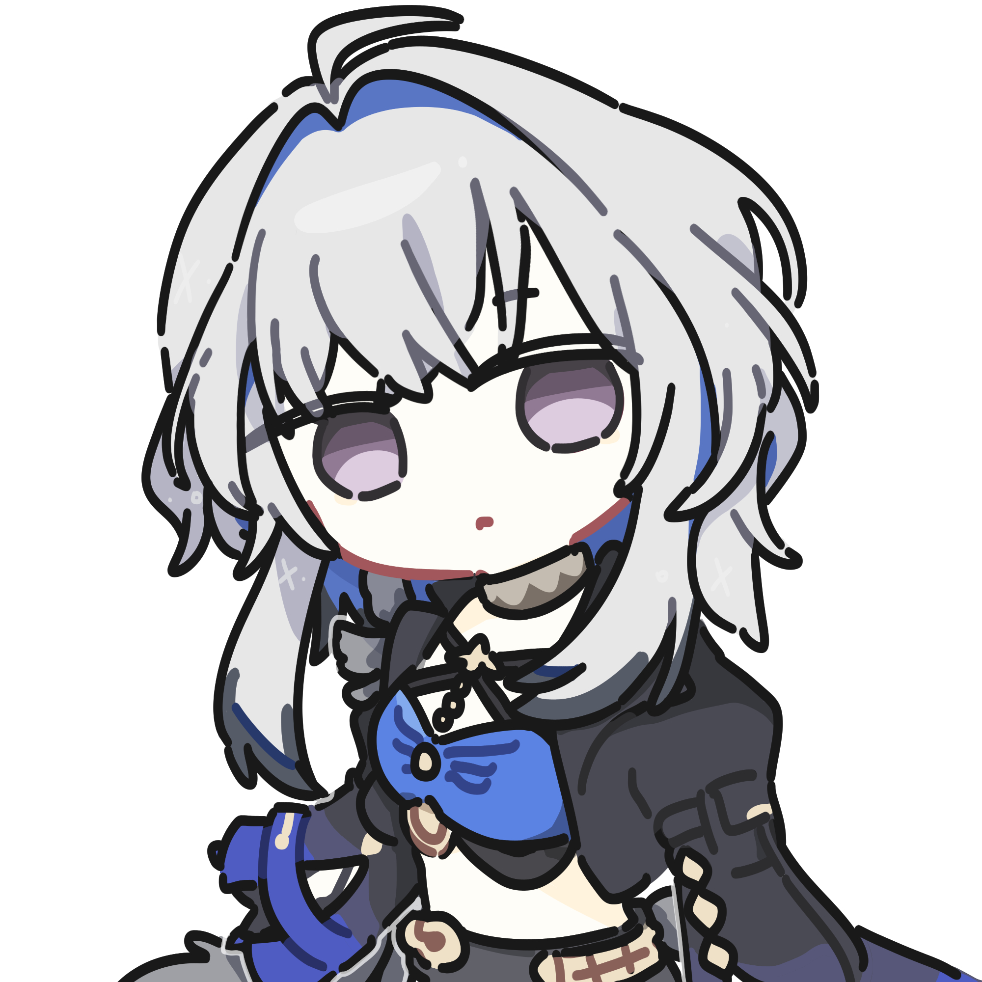 g4ori, galbrena (wuthering waves), wuthering waves, commentary request, highres, korean commentary, 1girl, ahoge, black jacket, chibi, choker, criss-cross straps, crop top, grey eyes, grey hair, hair intakes, jacket, long hair, long sleeves, looking at viewer, midriff, open clothes, open jacket, simple background, solo, upper body, white background