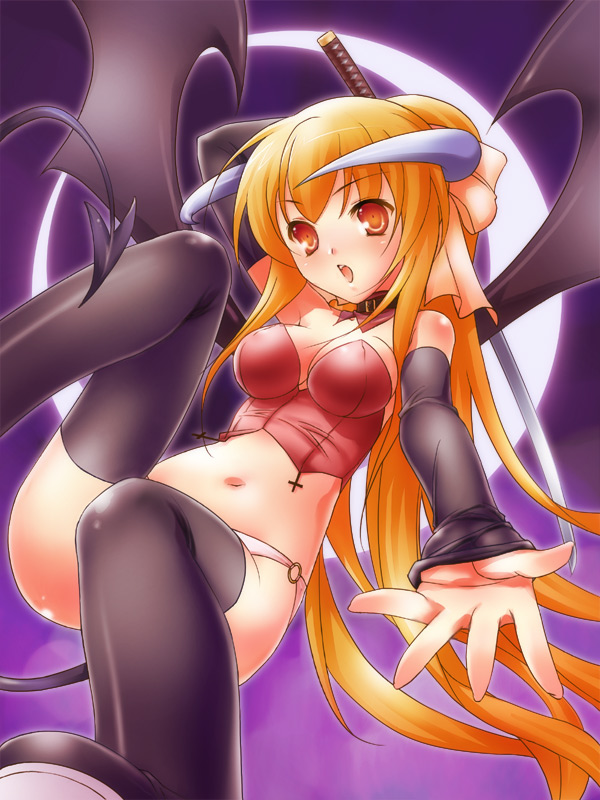 47agdragon, original, 1girl, bat wings, breasts, bustier, demon girl, detached sleeves, female focus, horns, large breasts, lingerie, long hair, midriff, orange eyes, orange hair, solo, sword, thighhighs, underwear, very long hair, weapon, wings