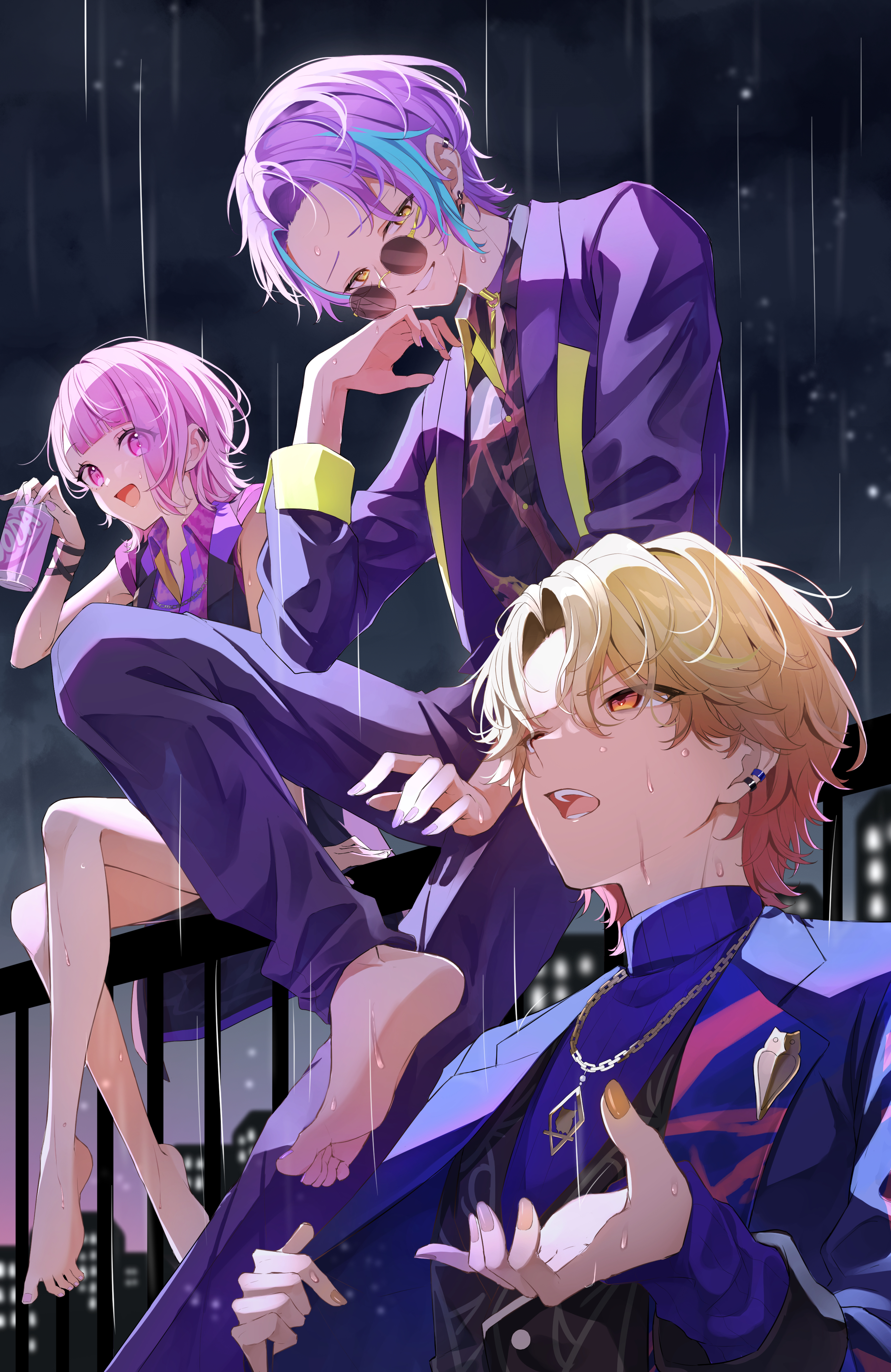 wanderlands k, kamishiro rui, ootori emu, tenma tsukasa, project sekai, absurdres, commentary request, highres, 1girl, 2boys, bangs pinned back, bare legs, barefoot, black vest, blonde hair, blue hair, blue suit, blurry, blurry background, building, can, deep dark for light (project sekai), drink can, earrings, foot out of frame, formal clothes, full body, gradient hair, gradient sky, grey sky, grin, hand up, holding, holding can, jewelry, looking at viewer, multicolored hair, multiple boys, nail polish, necklace, official alternate costume, official alternate hairstyle, open mouth, orange eyes, orange hair, outdoors, pink eyes, pink hair, purple hair, purple shirt, purple sky, purple suit, rain, shirt, sky, skyscraper, sleeveless, sleeveless shirt, smile, soda can, solo, streaked hair, suit, sunglasses, upper body, vest, yellow eyes