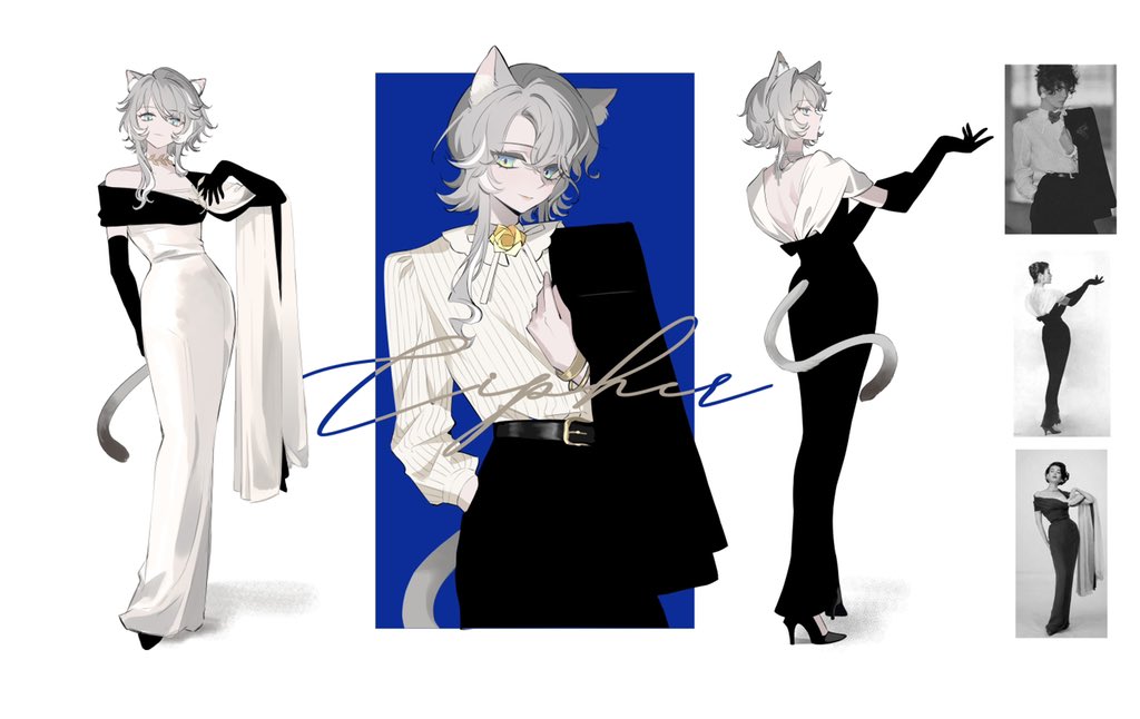 cipher (honkai: star rail), honkai: star rail, honkai (series), 1girl, 9ea1u, alternate costume, animal ears, bare shoulders, black dress, black gloves, black shoes, cat ears, cat tail, dress, gloves, grey eyes, grey hair, high heels, long dress, long hair, looking at viewer, multiple views, shirt, shoes, simple background, standing, tail, white background, white dress, white shirt