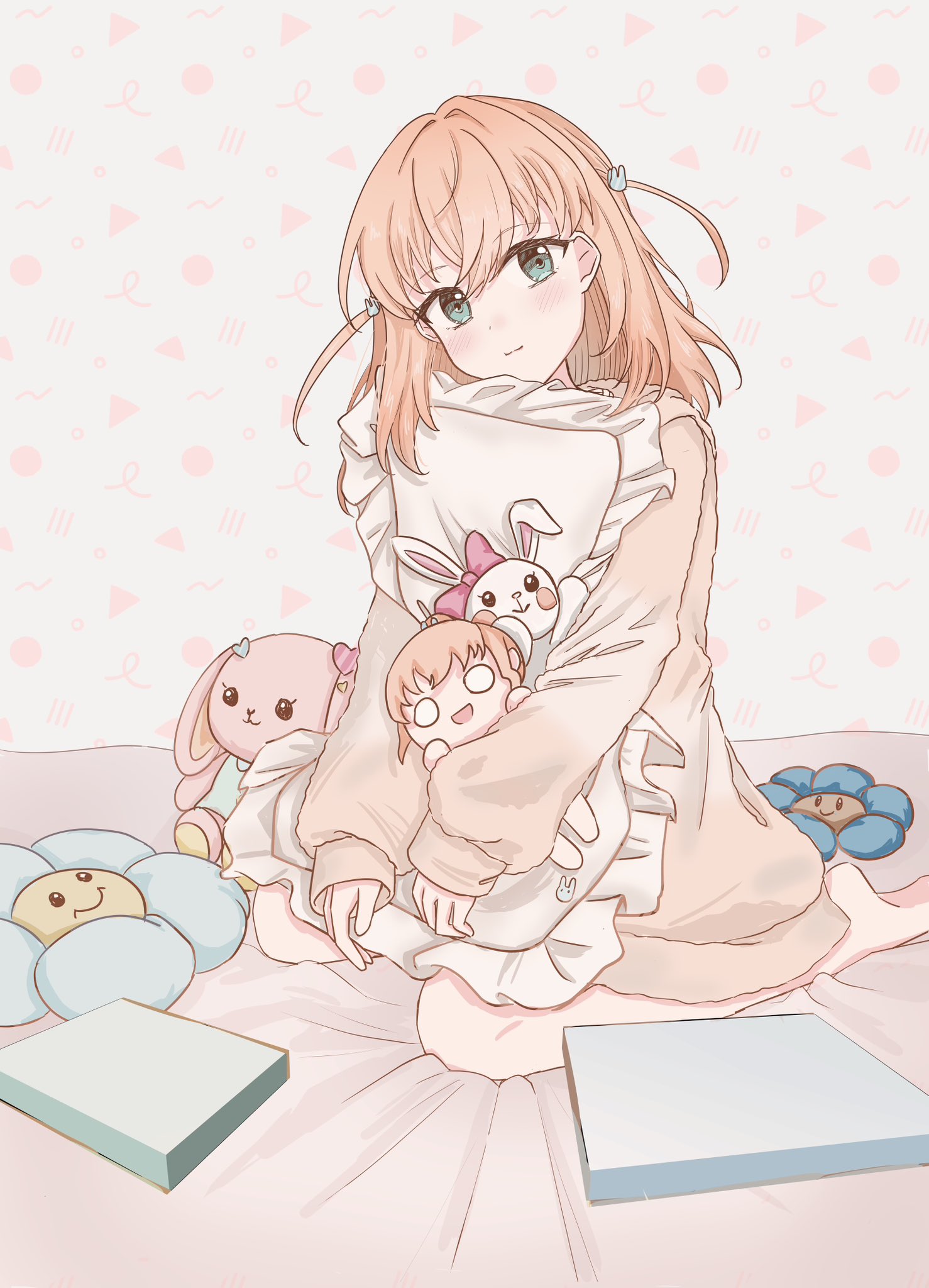 hinoshita kaho, hinoshita kaho (summer loungewear), link! like! love live!, love live!, commentary, highres, symbol-only commentary, 1girl, aqua eyes, barefoot, blush, brown jacket, closed mouth, frilled pillow, frills, hair ornament, jacket, kkoria, long sleeves, looking at viewer, lying, medium hair, nesoberi, official alternate costume, on back, orange hair, pillow, rabbit hair ornament, sitting, sleeves past wrists, smile, solo, split mouth, stuffed animal, stuffed flower, stuffed rabbit, stuffed toy, two side up, virtual youtuber, wariza