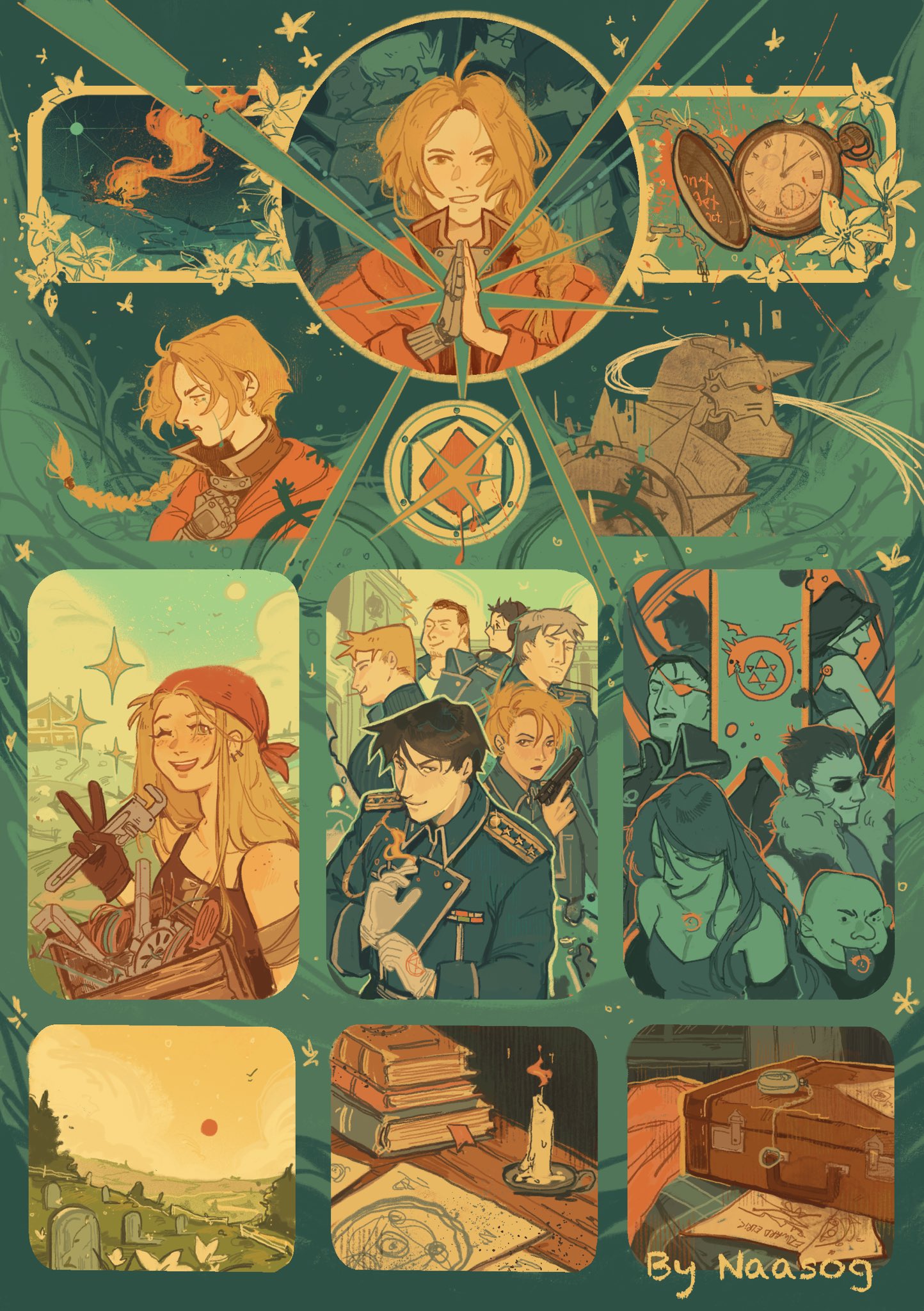 alex louis armstrong, alphonse elric, edward elric, envy (fma), gluttony (fma), greed (fma), heymans breda, jean havoc, kain fuery, lust (fma), maes hughes, pride (fma), riza hawkeye, roy mustang, vato falman, winry rockbell, fullmetal alchemist, commentary, highres, 3girls, 6+boys, ^ ^, amestris military uniform, armor, black gloves, black hair, blonde hair, blush, braid, braided ponytail, brothers, closed eyes, full armor, gloves, gun, hair bun, headscarf, holding, holding gun, holding weapon, long hair, mechanical arms, multiple boys, multiple girls, multiple views, naasog, one eye closed, profile, short hair, siblings, single mechanical arm, suitcase, sunglasses, tears, undercut, v, watch, weapon