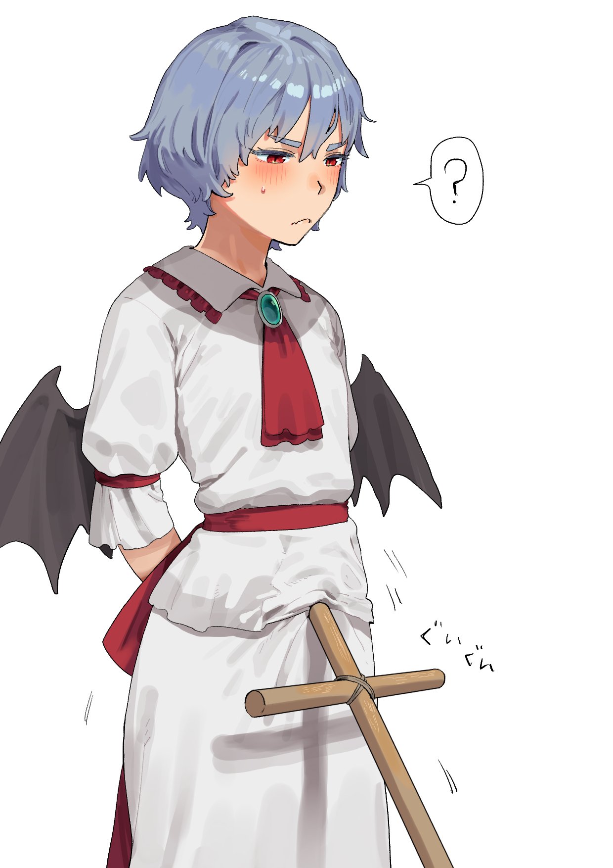sobayu to tenpura, remilia scarlet, touhou, highres, 1girl, ?, ascot, bat wings, blue hair, blush, closed mouth, cross, embarrassed, fang, frills, frown, red ascot, red eyes, shirt, short hair, short sleeves, skin fang, skirt, solo, vampire, white background, white shirt, white skirt, wings