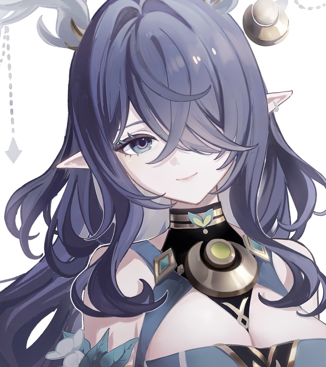 mi505521, lauma (genshin impact), genshin impact, commentary request, highres, 1girl, aqua eyes, bare shoulders, blue hair, breasts, cleavage, hair intakes, hair over one eye, long hair, looking at viewer, pointy ears, simple background, smile, solo, upper body, white background