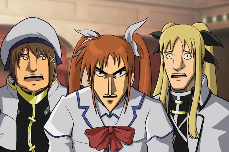 divine (scfworks), fate testarossa, takamachi nanoha, yagami hayate, kaiji, lyrical nanoha, mahou shoujo lyrical nanoha, mahou shoujo lyrical nanoha a's, uniform, 3girls, beret, blonde hair, bow, bowtie, brown hair, crossover, dress, hat, indoors, long sleeves, looking at viewer, manly, multiple girls, parody, red bow, red bowtie, surprised, upper body, white dress, wide-eyed