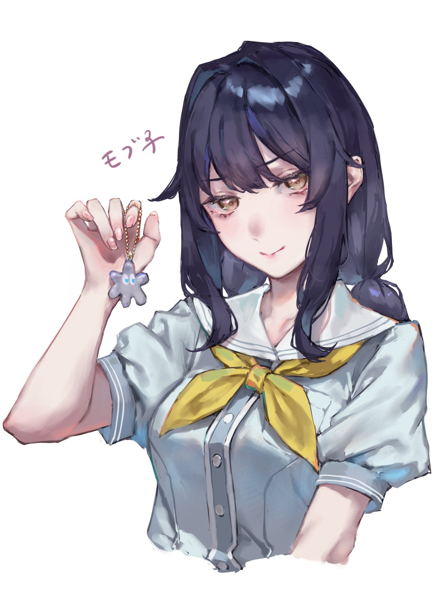 saidamoosu, link! like! love live!, love live!, highres, 1girl, anyoji hime's fellow toon paint fan, black hair, blue dress, breast pocket, breasts, brown eyes, charm (object), cropped torso, dress, hasu no sora school uniform, holding, holding charm, long hair, long sidelocks, looking at viewer, low twintails, medium breasts, neckerchief, pocket, puffy short sleeves, puffy sleeves, sailor collar, sailor dress, school uniform, short sleeves, sidelocks, simple background, smile, solo, summer uniform, twintails, v-shaped eyebrows, white background, white sailor collar, yellow neckerchief