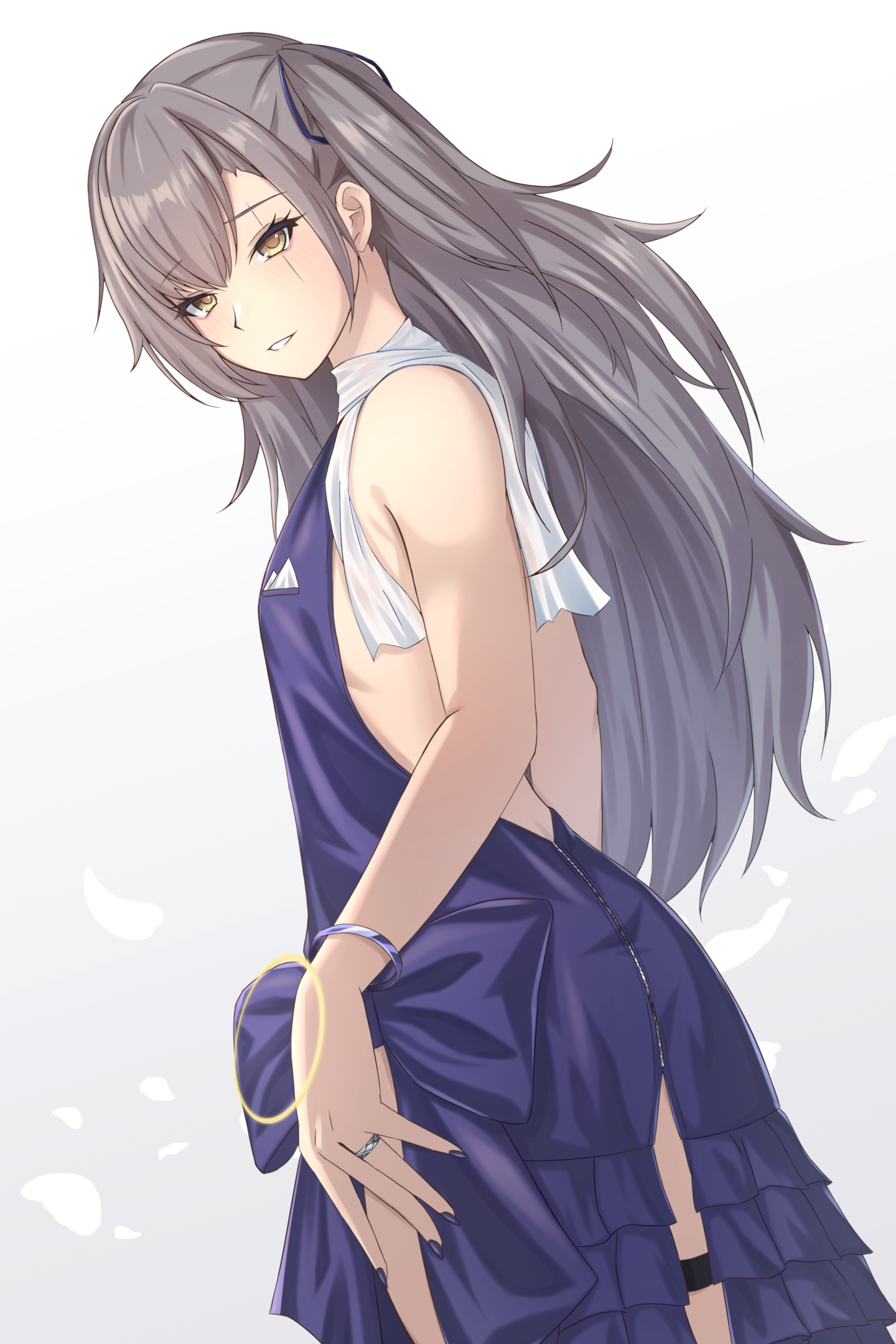 sandanjuu, ump45 (girls' frontline), girls' frontline, highres, 1girl, backless dress, backless outfit, blush, bracelet, cowboy shot, dress, flat chest, grey background, jewelry, long hair, looking at viewer, looking back, one side up, purple dress, purple nails, scar, scar across eye, scar on face, scarf, sidelocks, simple background, smile, solo, very long hair, white scarf, yellow eyes