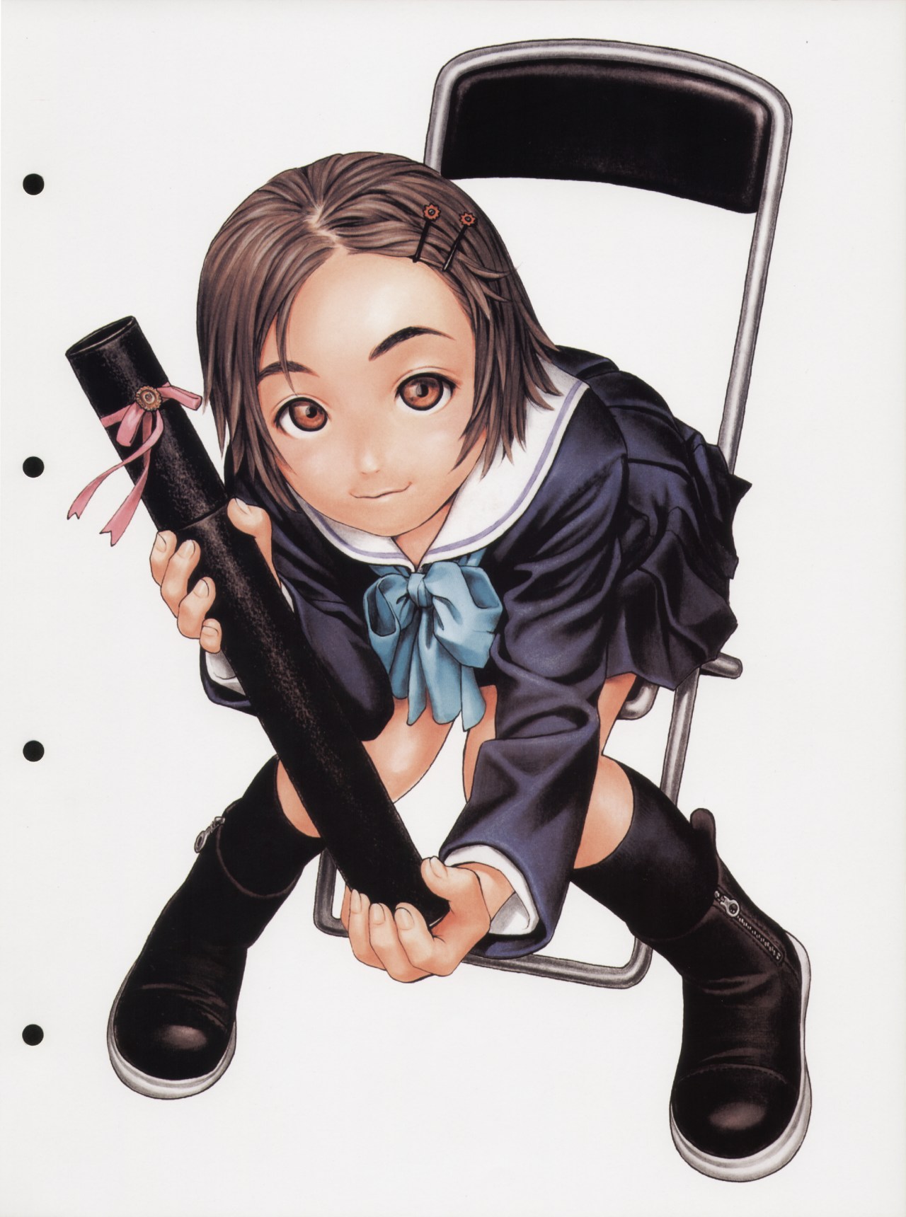 murata range, futurhythm, eyebrows, highres, scan, 1girl, ankle boots, black socks, blue bow, blue bowtie, bob cut, boots, bow, bowtie, brown eyes, brown hair, chair, diploma, female focus, folding chair, forehead, full body, hair ornament, hairpin, holding, holding diploma, kneehighs, leaning forward, looking at viewer, on chair, school uniform, serafuku, short hair, simple background, sitting, smile, socks, solo, white background, zipper